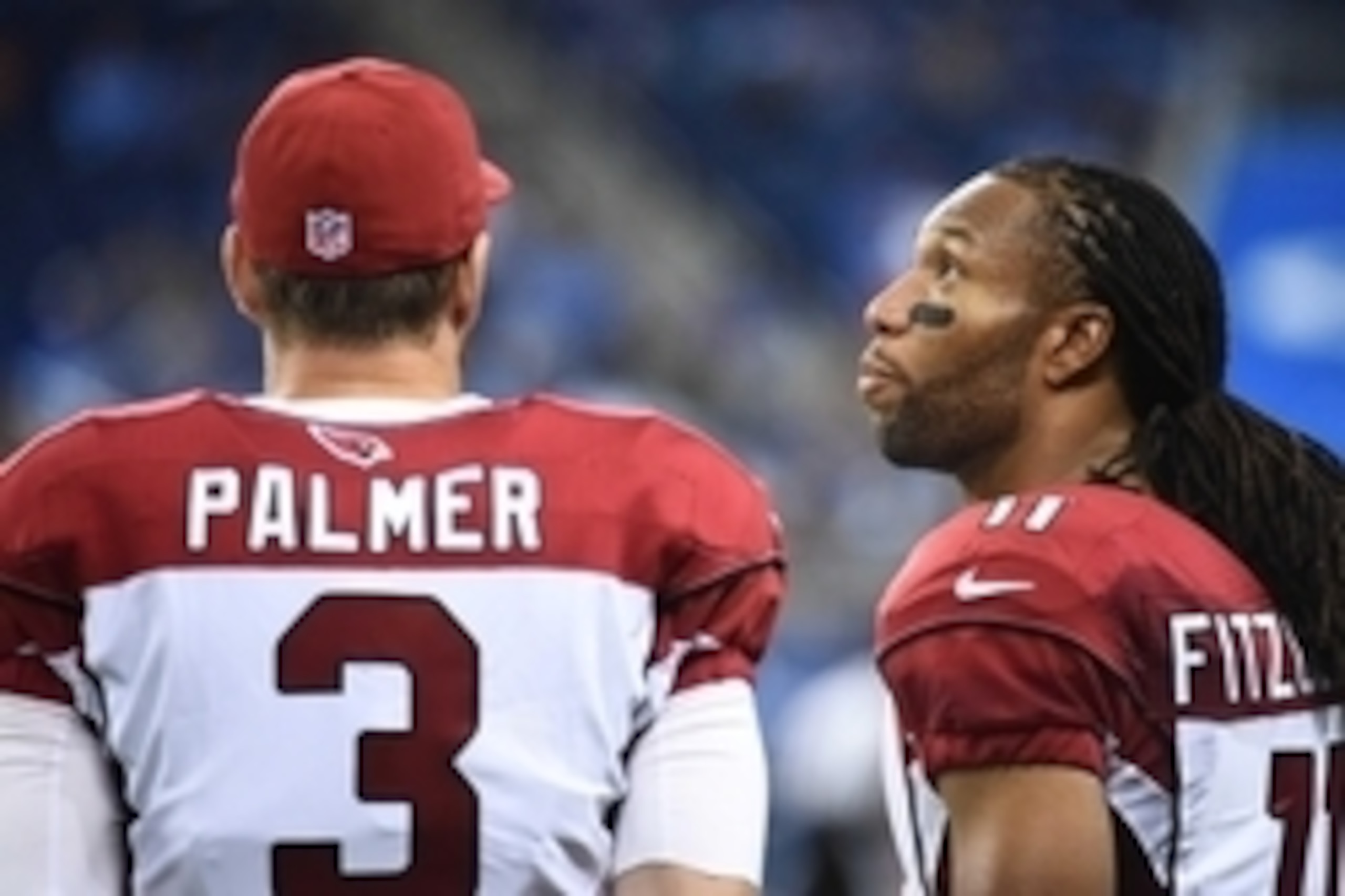 Oct 11, 2015; Detroit, MI, USA; Arizona Cardinals wide receiver Larry Fitzgerald (11) talks to quarterback Carson Palmer (3) during the fourth quarter against the Detroit Lions at Ford Field. The Cardnials won 42-17. Mandatory Credit: Tim Fuller-USA TODAY Oct 11, 2015; Detroit, MI, USA; Arizona Cardinals wide receiver Larry Fitzgerald (11) talks to quarterback Carson Palmer (3) during the fourth quarter against the Detroit Lions at Ford Field. The Cardnials won 42-17. Mandatory Credit: Tim Fuller-USA TODAY