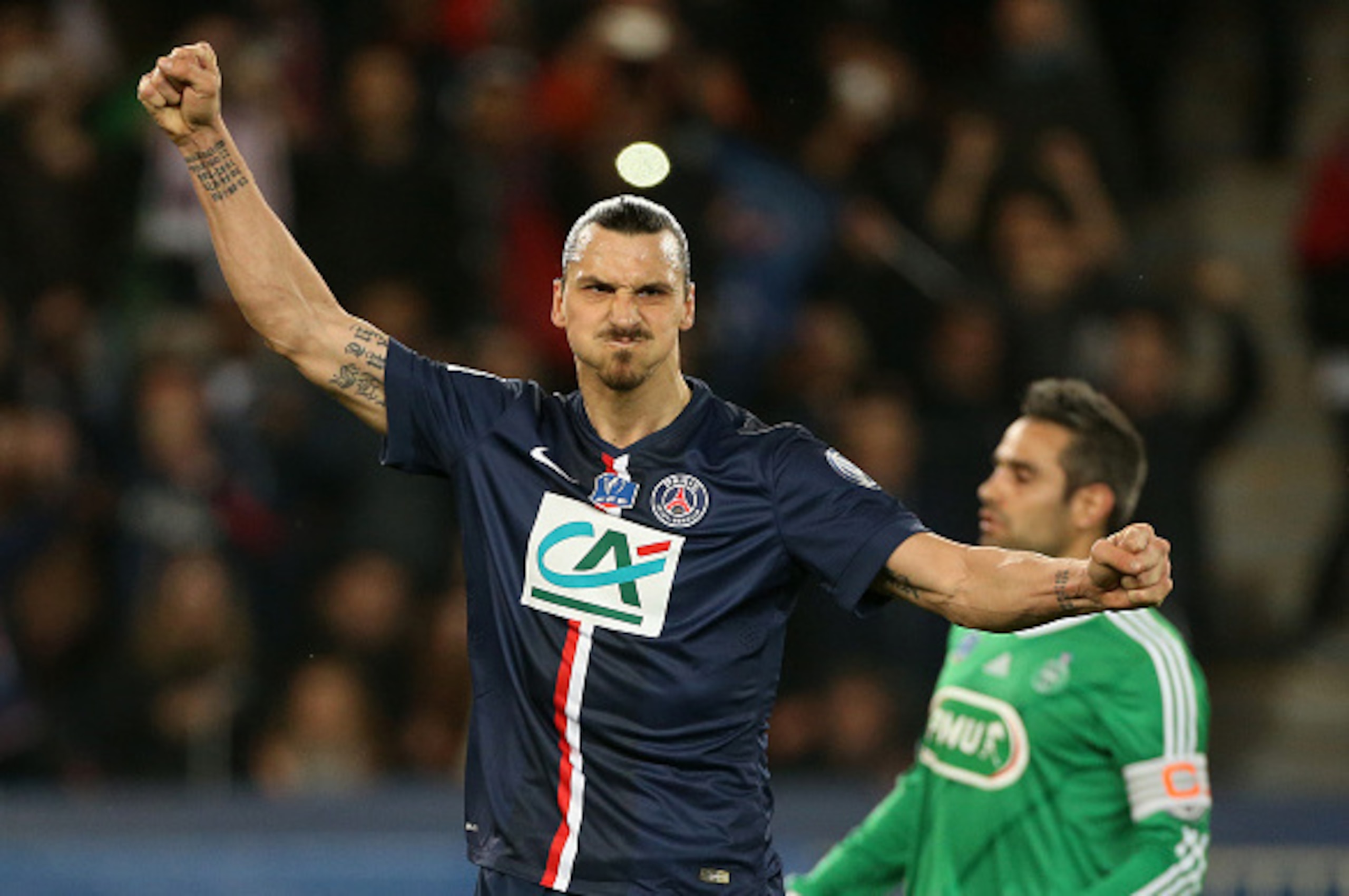 PARIS, FRANCE - APRIL 8: Zlatan Ibrahimovic of PSG celebrates the first goal for his team during the French Cup semi-final match between Paris Saint-Germain FC (PSG) and AS Saint-Etienne (ASSE) at Parc des Princes stadium on April 8, 2015 in Paris, France