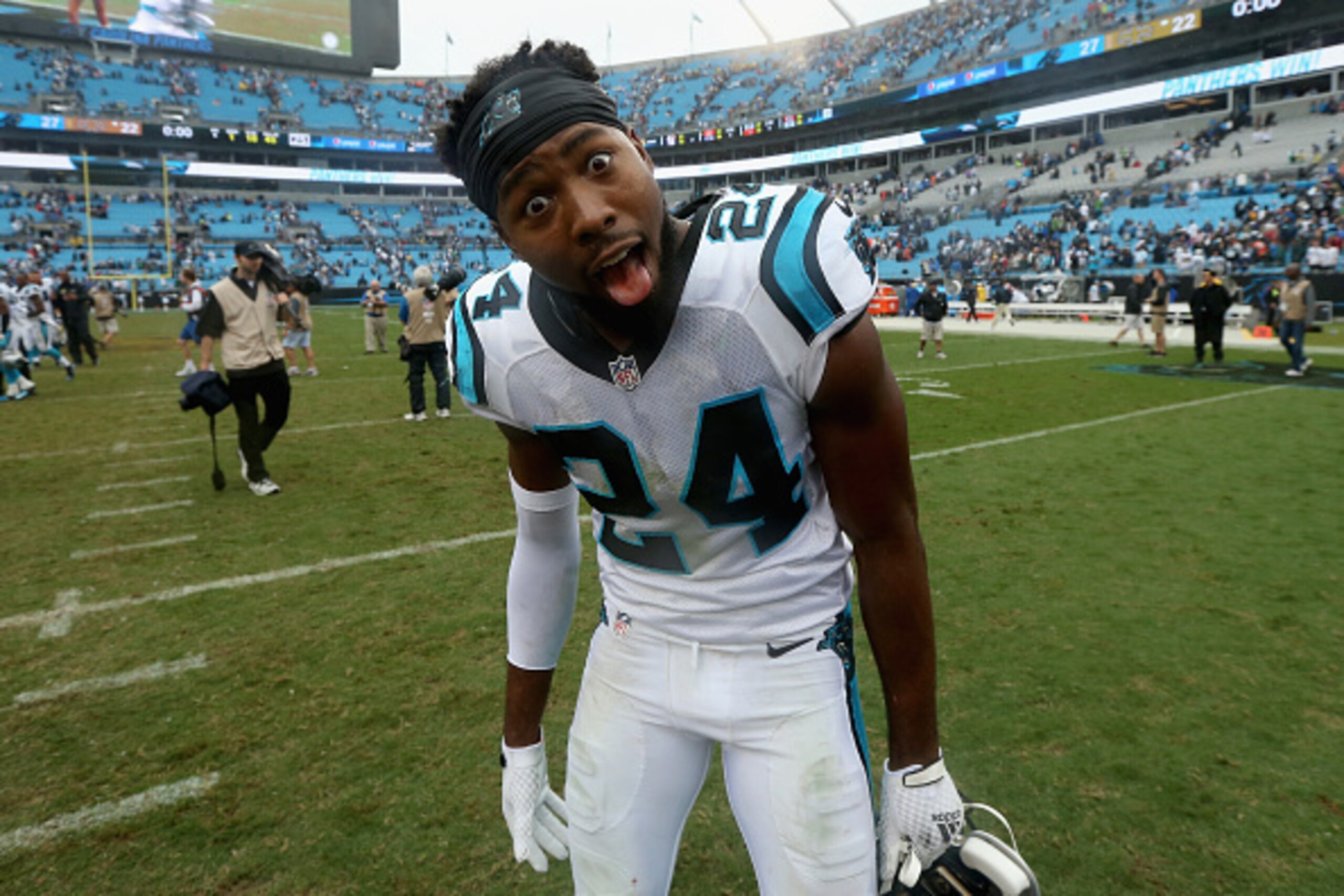 CHARLOTTE, NC - SEPTEMBER 27:   Josh Norman #24 of the Carolina Panthers reacts after defeating the New Orleans Saints 27-22 at Bank of America Stadium on September 27, 2015 in Charlotte, North Carolina.  (Photo by Streeter Lecka/Getty Images)