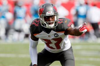 TAMPA, FL - September 7: Cornerback Johnthan Banks #27 of the Tampa Bay Buccaneers during the game against the Carolina Panthers at Raymond James Stadium on September 7, 2014 in Tampa, Florida. Carolina defeated Tampa Bay 20-14. (Photo by Don Juan Moore/G