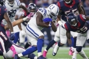 Oct 8, 2015; Houston, TX, USA; Indianapolis Colts running back Frank Gore (23) rushes during the game against the Houston Texans at NRG Stadium. Mandatory Credit: Troy Taormina-USA TODAY Sports