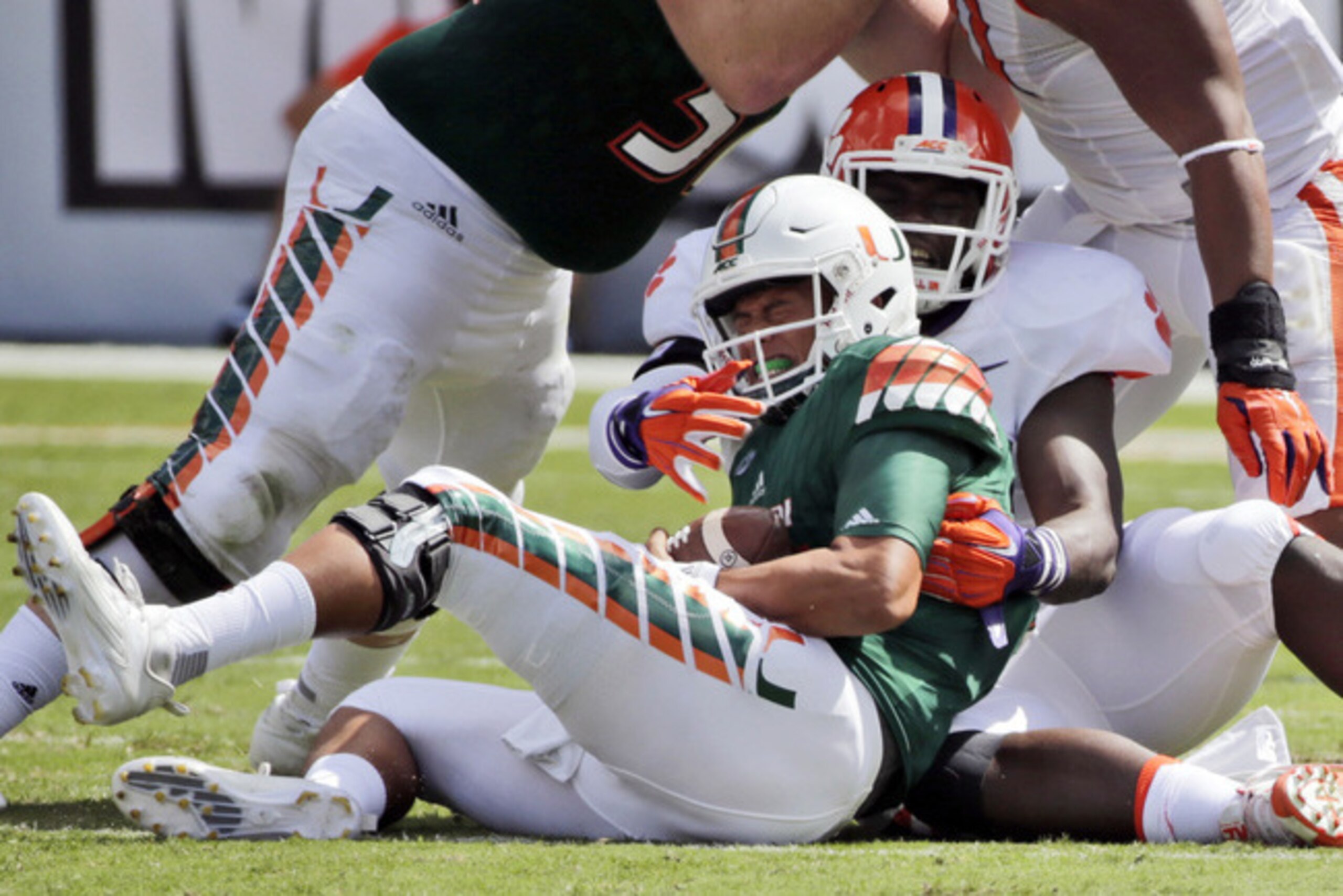 Miami quarterbacks spent most of the game on the ground.