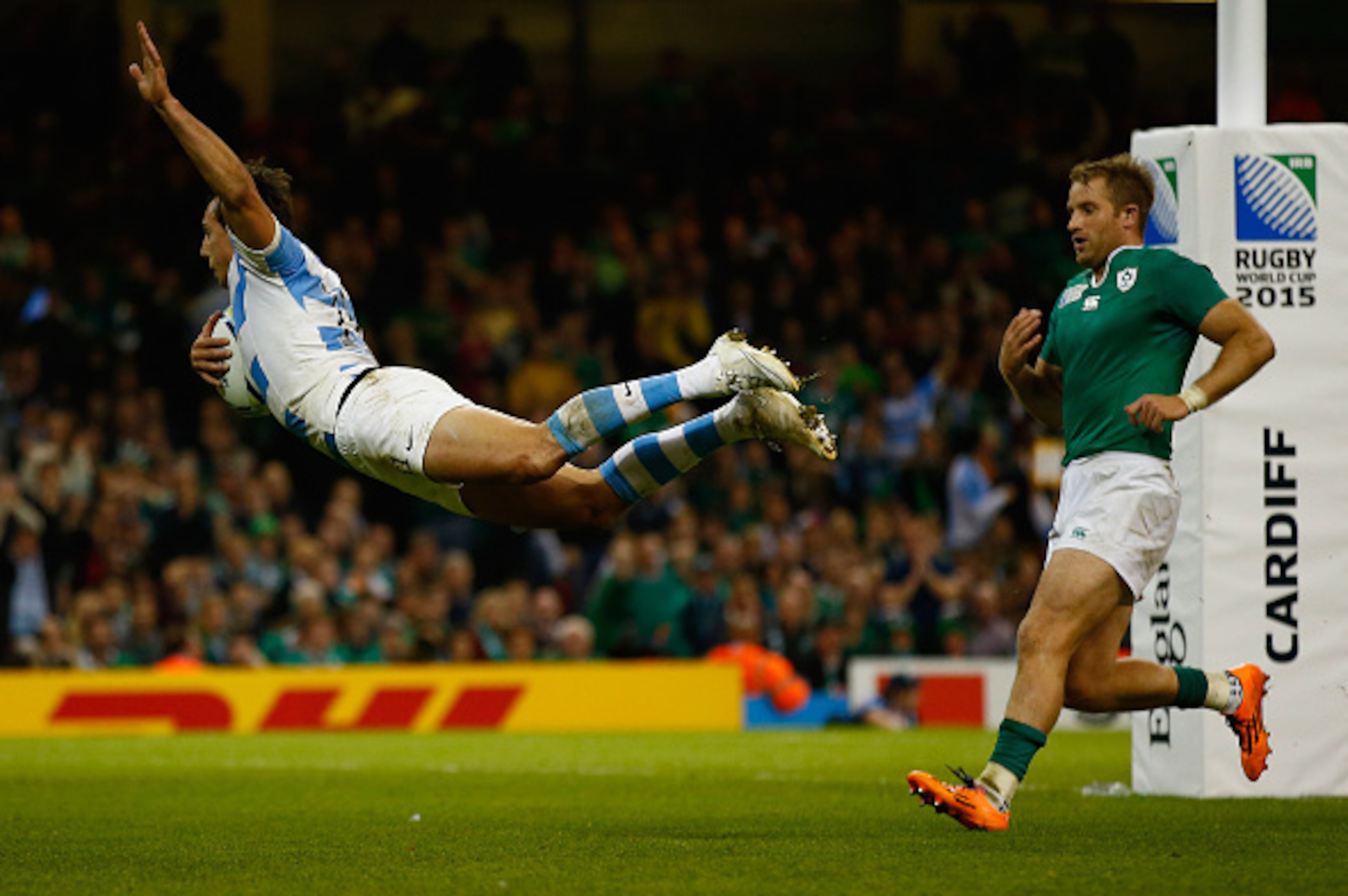 CARDIFF, WALES - OCTOBER 18: Juan Imhoff of Argentina dives to score a second half try during the 2015 Rugby World Cup Quarter Final match between Ireland and Argentina at Millennium Stadium on October 18, 2015 in Cardiff, United Kingdom. (Photo by Laure CARDIFF, WALES - OCTOBER 18: Juan Imhoff of Argentina dives to score a second half try during the 2015 Rugby World Cup Quarter Final match between Ireland and Argentina at Millennium Stadium on October 18, 2015 in Cardiff, United Kingdom. (Photo by Laure