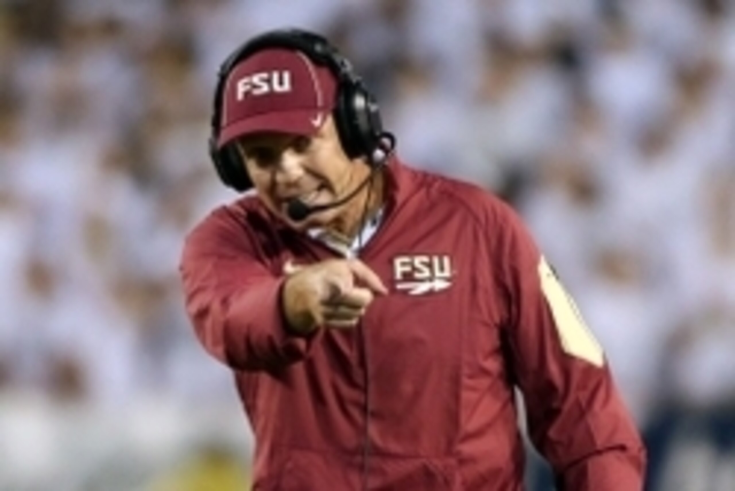 Oct 24, 2015; Atlanta, GA, USA; Florida State Seminoles head coach Jimbo Fisher argues a call with an official during the fourth quarter of their game against the Georgia Tech Yellow Jackets at Bobby Dodd Stadium. Georgia Tech won 22-16. Mandatory Credit: