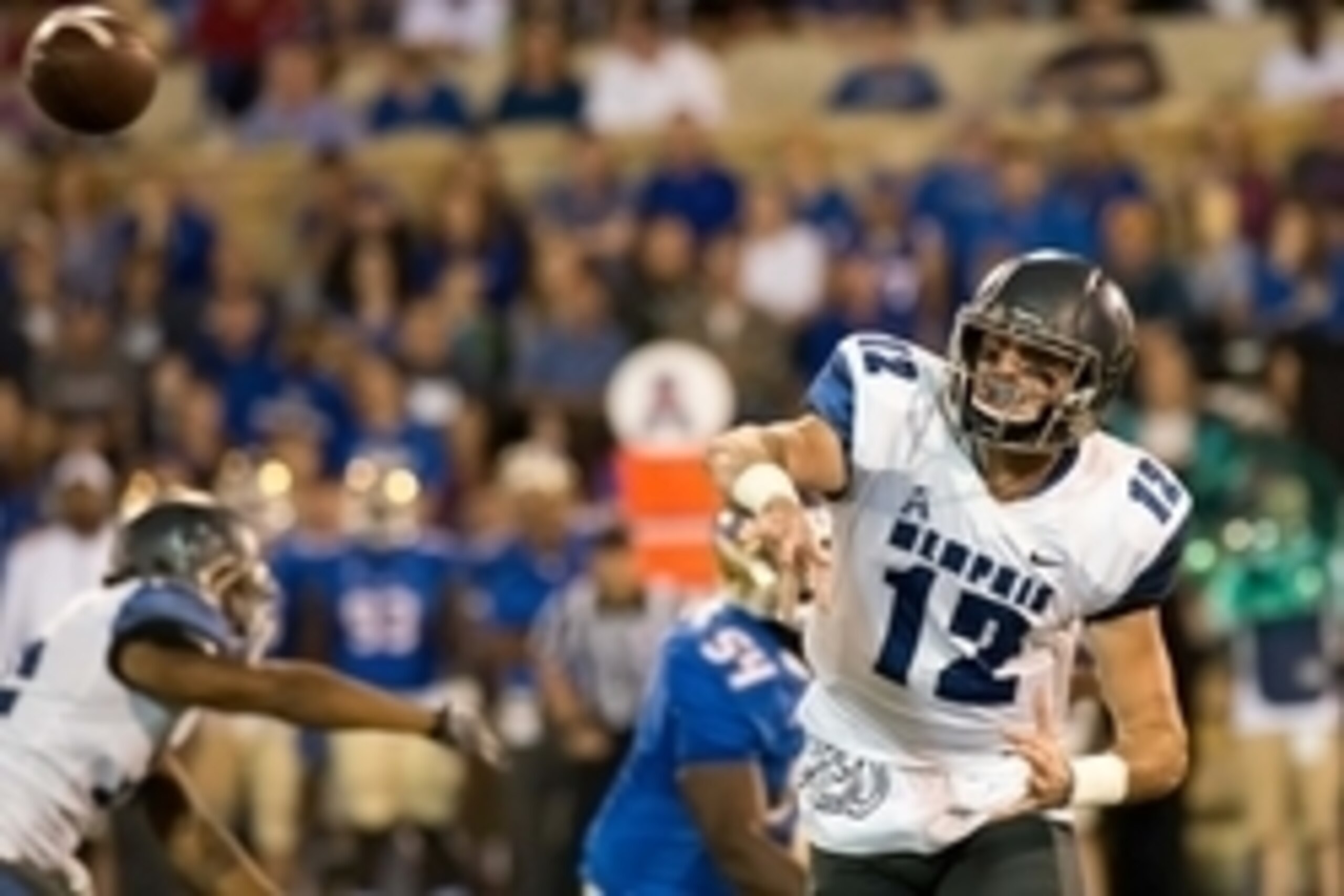 Oct 23, 2015; Tulsa, OK, USA; Memphis Tigers quarterback Paxton Lynch (12) throws the ball against the Tulsa Golden Hurricane during the first quarter at Skelly Field at H.A. Chapman Stadium. Mandatory Credit: Rob Ferguson-USA TODAY Sports