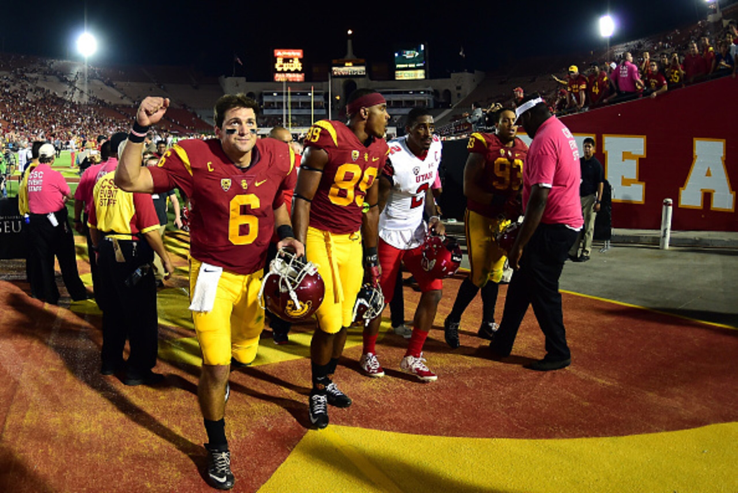 LOS ANGELES, CA - OCTOBER 24: Cody Kessler #6 of the USC Trojans reacts to fans as he leaves the field after a 42-24 win over the Utah Utes at Los Angeles Memorial Coliseum on October 24, 2015 in Los Angeles, California. (Photo by Harry How/Getty Images LOS ANGELES, CA - OCTOBER 24: Cody Kessler #6 of the USC Trojans reacts to fans as he leaves the field after a 42-24 win over the Utah Utes at Los Angeles Memorial Coliseum on October 24, 2015 in Los Angeles, California. (Photo by Harry How/Getty Images