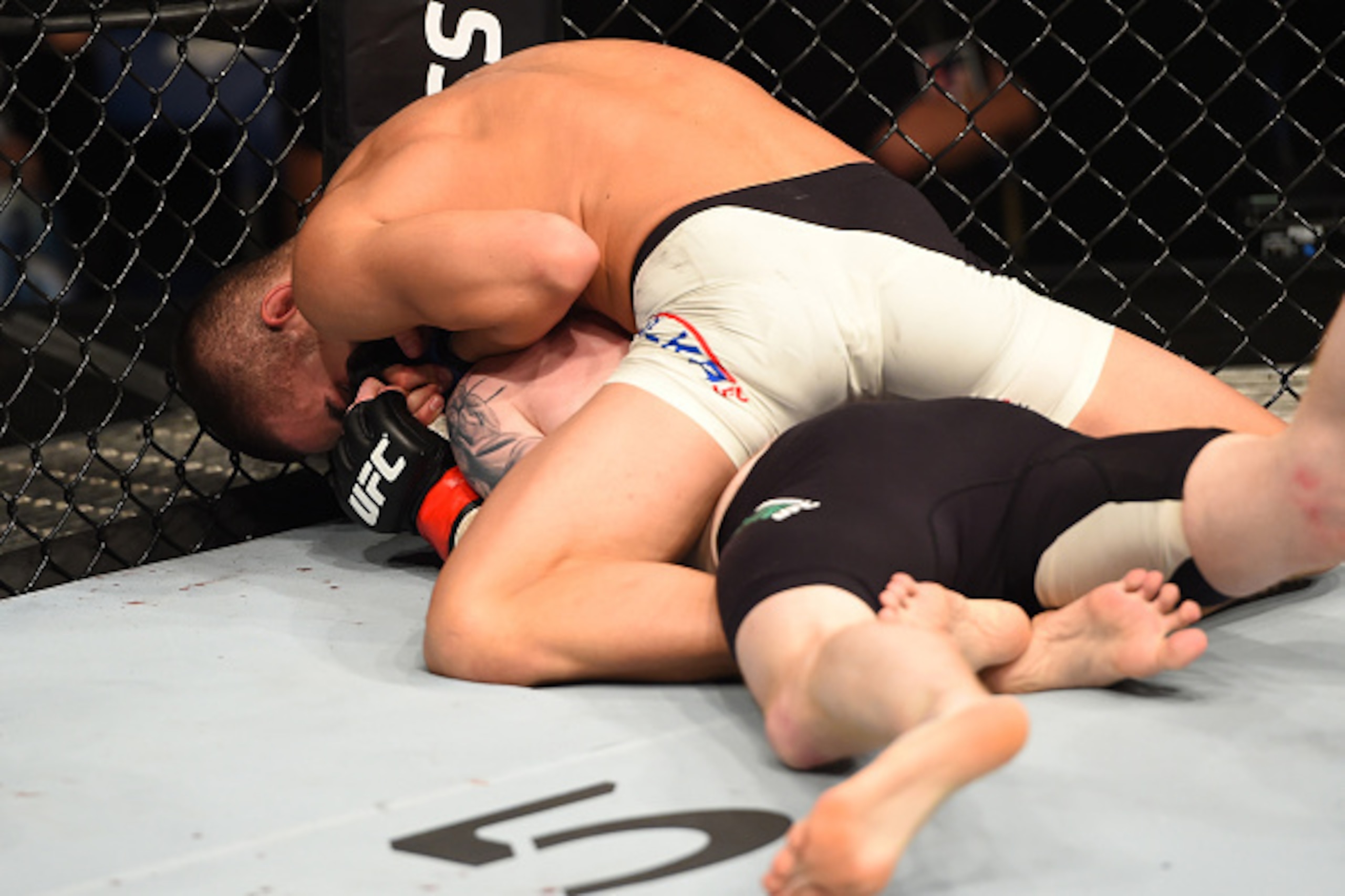 DUBLIN, IRELAND - OCTOBER 24:  Louis Smolka (top) attempts to submit Paddy Holohan in their flyweight fight during the UFC event at 3Arena on October 24, 2015 in Dublin, Ireland. (Photo by Josh Hedges/Zuffa LLC/Zuffa LLC via Getty Images)