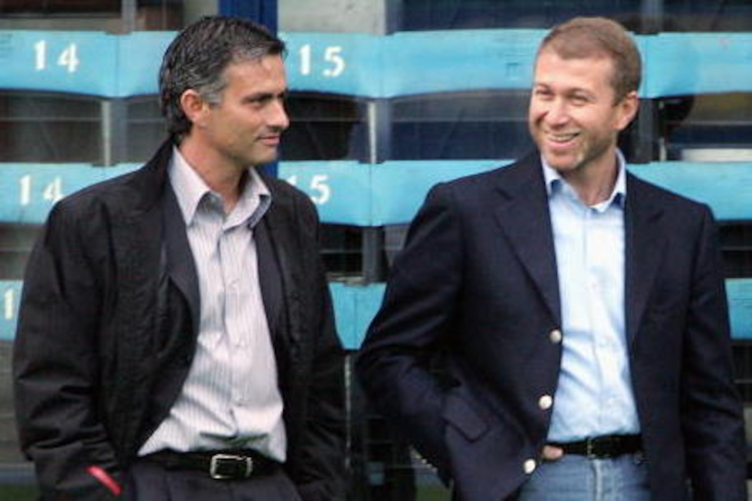 LONDON - AUGUST 24: Manager of Chelsea, Jose Mourinho, (L) talks with Chelsea owner Roman Abramovich  before the Barclays Premiership match between Crystal Palace and Chelsea at Selhurst Park on August 24, 2004 in London.  (Photo by Phil Cole/Getty Images