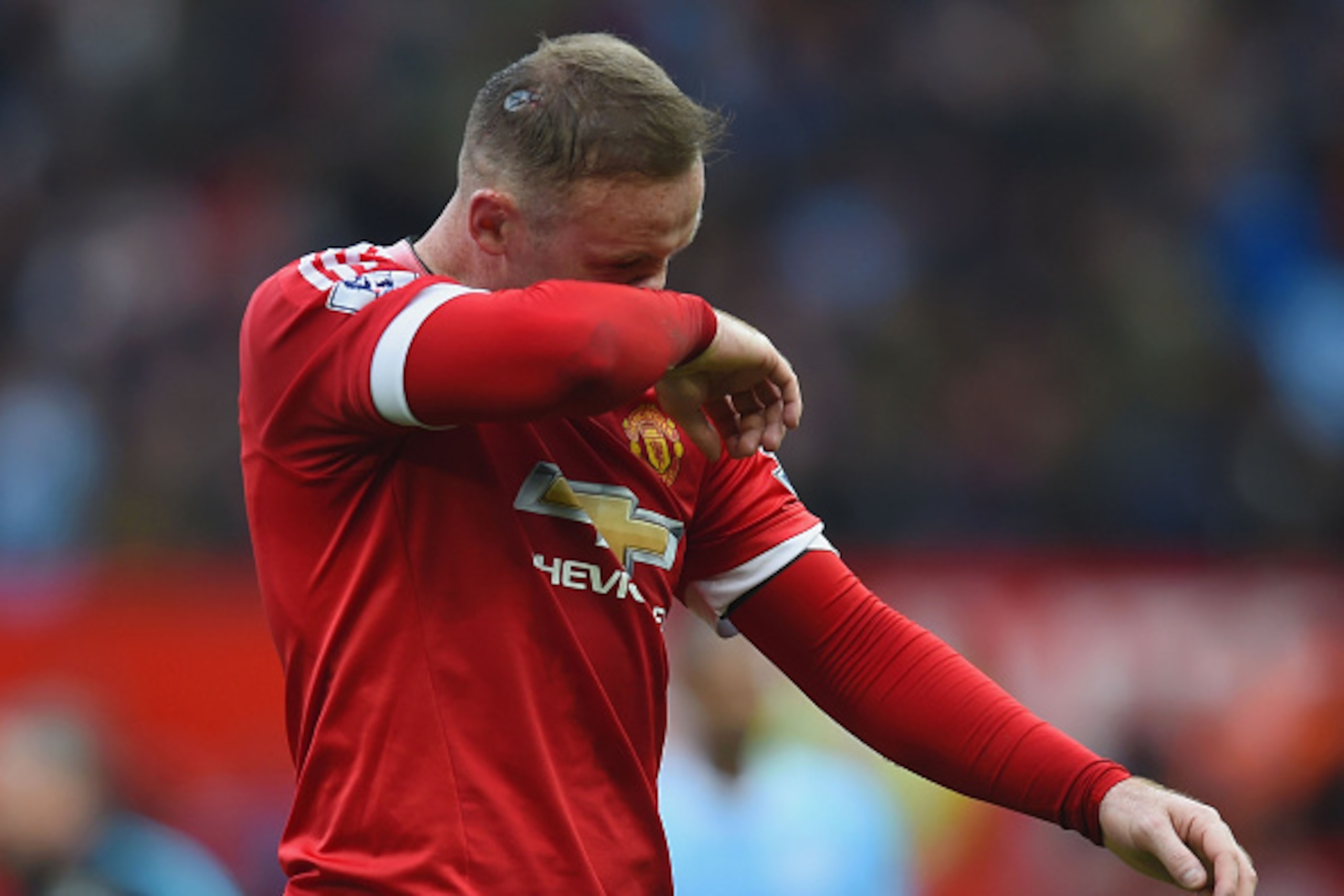 MANCHESTER, ENGLAND - OCTOBER 25: Wayne Rooney of Manchester United reacts at half time during the Barclays Premier League match between Manchester United and Manchester City at Old Trafford on October 25, 2015 in Manchester, England.  (Photo by Michael R