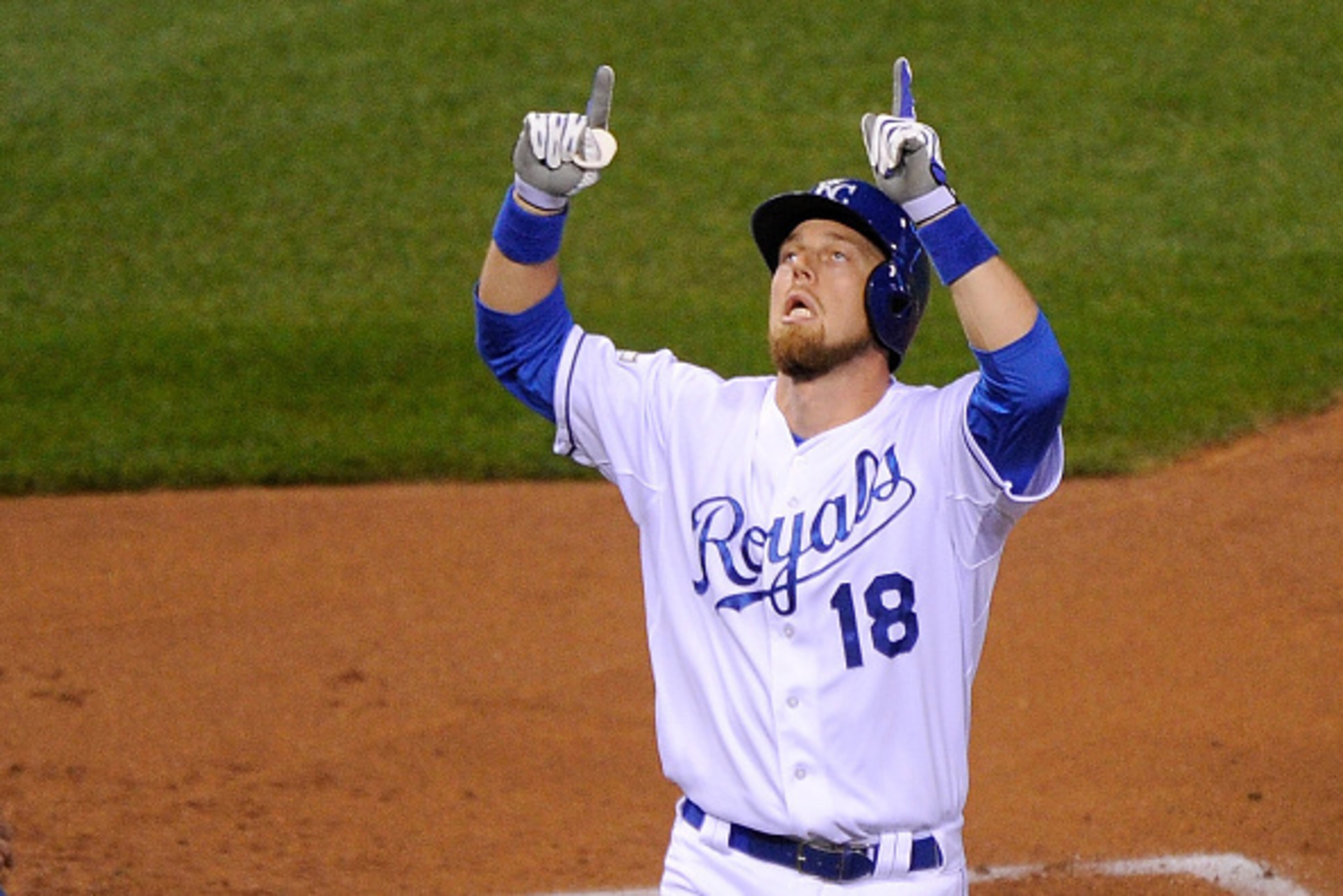 KANSAS CITY, MO - OCTOBER 23:  Ben Zobrist #18 of the Kansas City Royals celebrates after hitting a solo home run in the first inning against the Toronto Blue Jays in game six of the 2015 MLB American League Championship Series at Kauffman Stadium on Octo