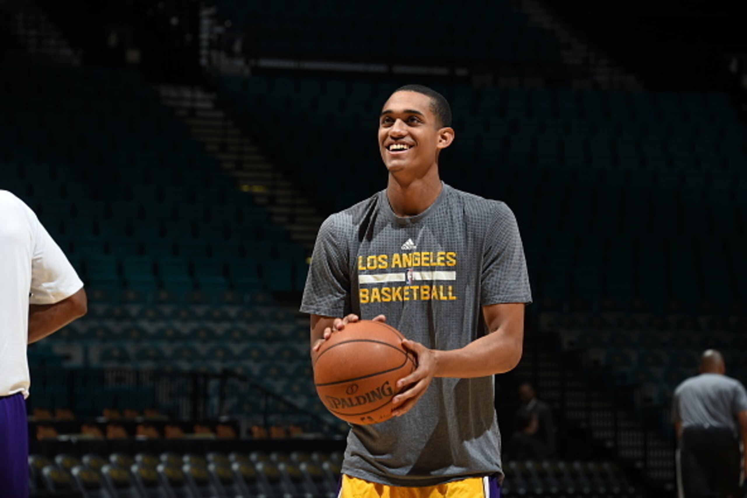 LAS VEGAS, NV - OCTOBER 13:  Jordan Clarkson #6 of the Los Angeles Lakers warms up before the game against the Sacramento Kings on October 13, 2015 at the MGM Grand Garden Arena in Las Vegas, NevadA. NOTE TO USER: User expressly acknowledges and agrees th
