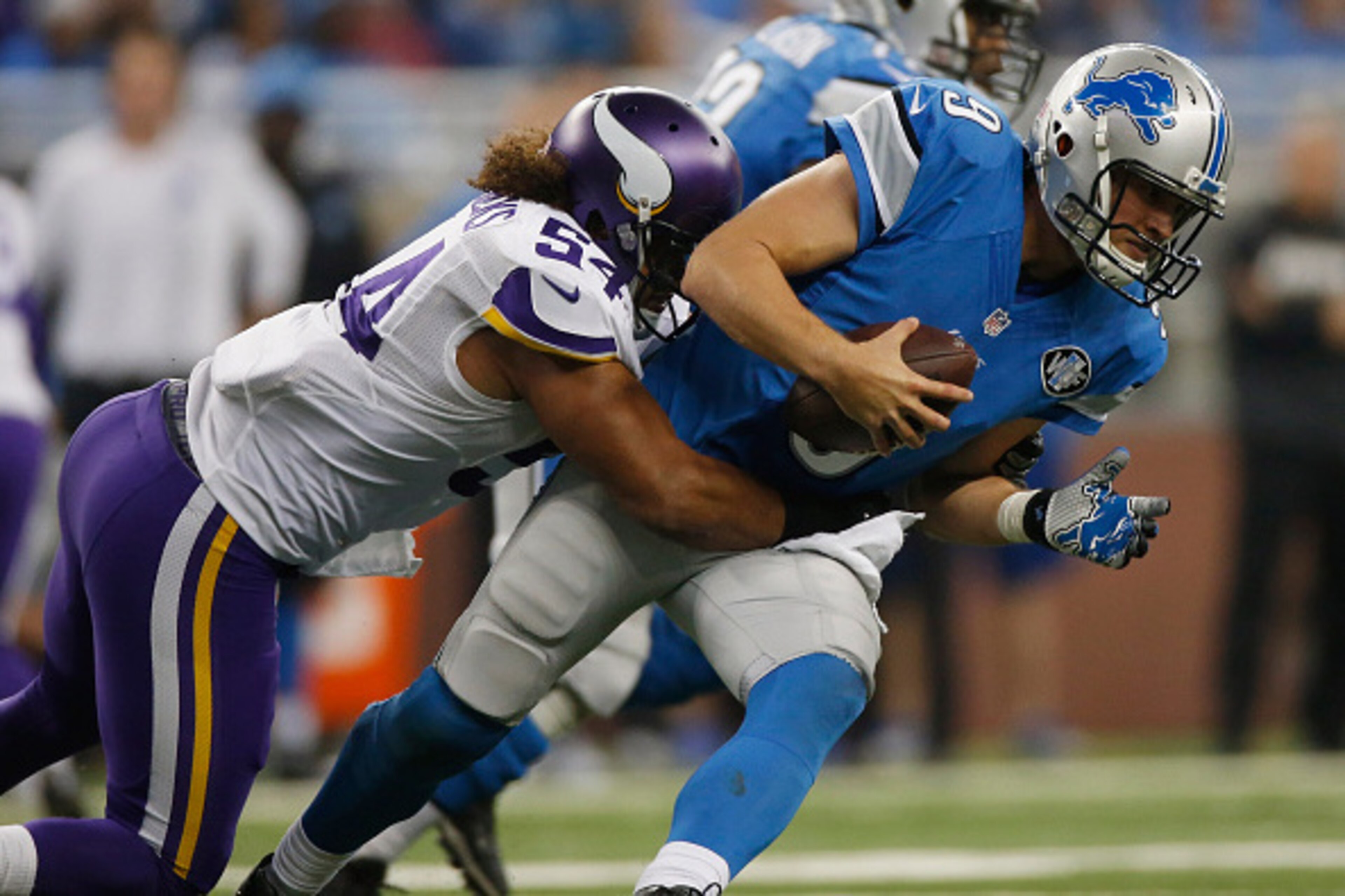 DETROIT, MI - OCTOBER 25: Matthew Stafford #9 of the Detroit Lions is sacked in the fourth quarter by Eric Kendricks #54 of the Minnesota Vikings at Ford Field on October 25, 2015 in Detroit, Michigan. Minnesota won the game 28-19. (Photo by Gregory Shamu DETROIT, MI - OCTOBER 25: Matthew Stafford #9 of the Detroit Lions is sacked in the fourth quarter by Eric Kendricks #54 of the Minnesota Vikings at Ford Field on October 25, 2015 in Detroit, Michigan. Minnesota won the game 28-19. (Photo by Gregory Shamu