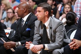 MINNEAPOLIS, MN - APRIL 1: Assistant coach Ryan Saunders of the Minnesota Timberwolves sits on the sideline during a game against the Toronto Raptors on April 1, 2015 at Target Center in Minneapolis, Minnesota. NOTE TO USER: User expressly acknowledges an