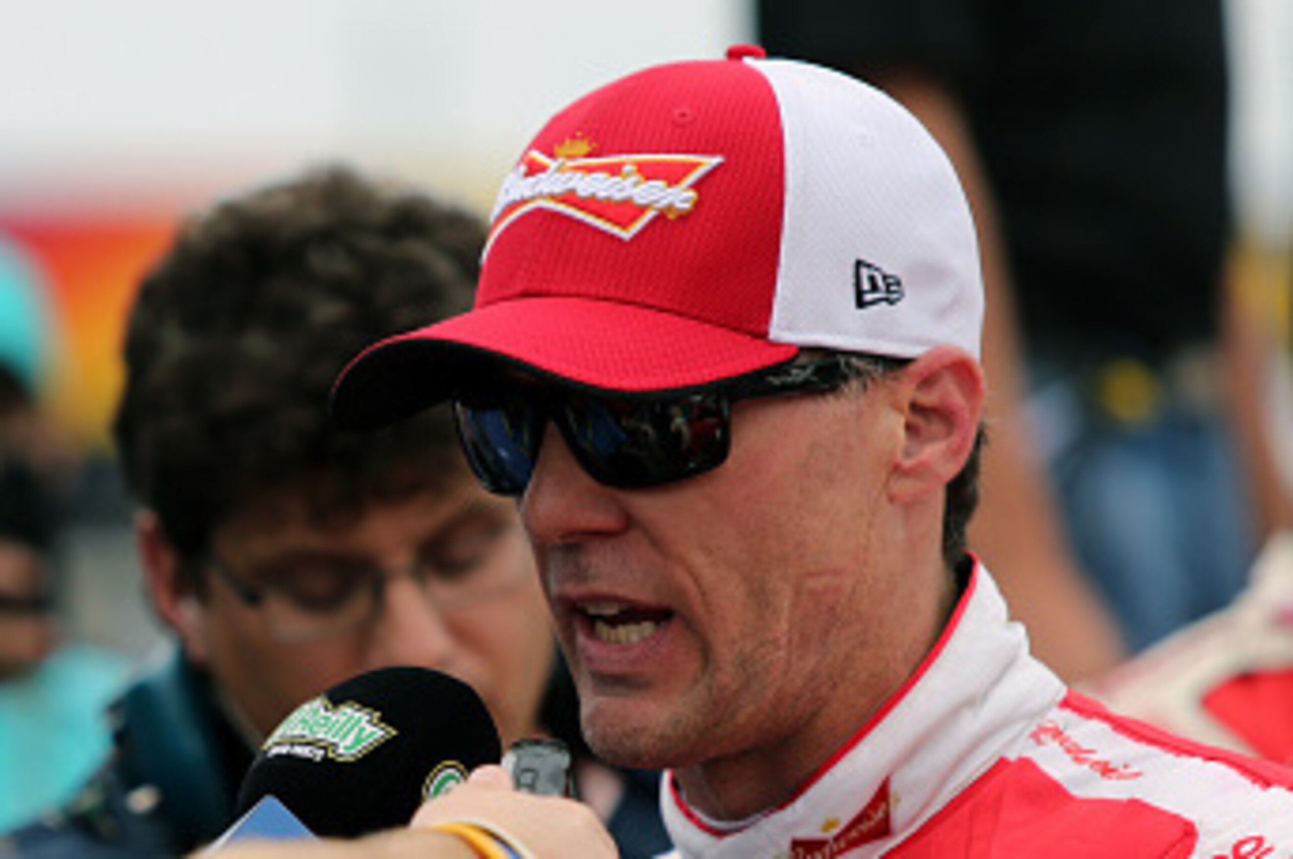 TALLADEGA, AL - OCTOBER 25: Kevin Harvick, driver of the #4 Budweiser/Jimmy John's Chevrolet, is interviewed on pit road after the NASCAR Sprint Cup Series CampingWorld.com 500 at Talladega Superspeedway on October 25, 2015 in Talladega, Alabama. (Photo TALLADEGA, AL - OCTOBER 25: Kevin Harvick, driver of the #4 Budweiser/Jimmy John's Chevrolet, is interviewed on pit road after the NASCAR Sprint Cup Series CampingWorld.com 500 at Talladega Superspeedway on October 25, 2015 in Talladega, Alabama. (Photo