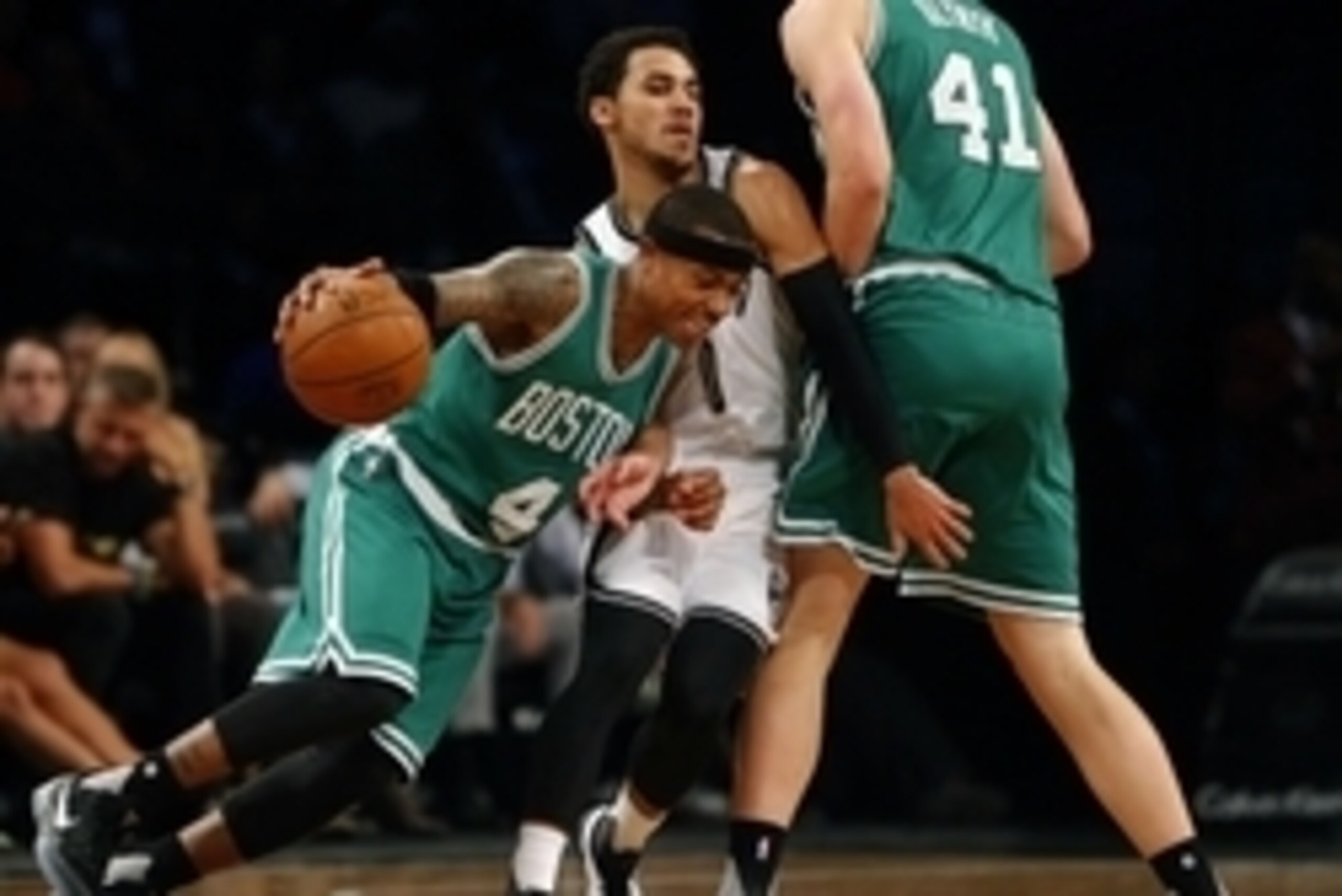 Oct 14, 2015; Brooklyn, NY, USA;   Brooklyn Nets guard Shane Larkin (0) defends against Boston Celtics guard Isaiah Thomas (4) during first  half at Barclays Center. Mandatory Credit: Noah K. Murray-USA TODAY Sports