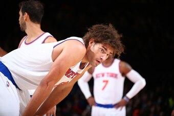 NEW YORK, NY - OCTOBER 12:  Robin Lopez #8 of the New York Knicks looks on during the game against the Philadelphia 76ers on October 12, 2015 at Madison Square Garden in New York City.  NOTE TO USER: User expressly acknowledges and agrees that, by downloa