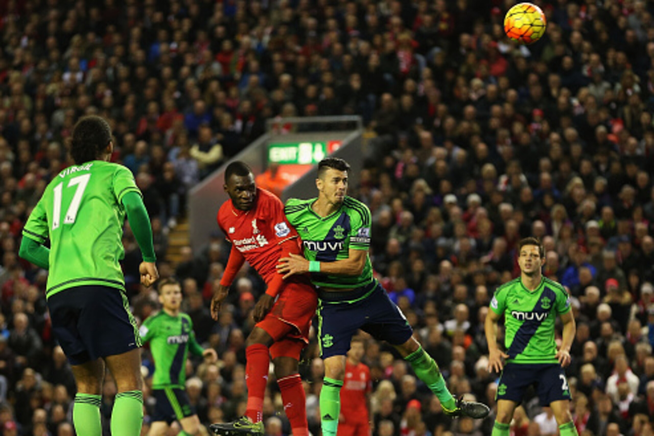LIVERPOOL, ENGLAND - OCTOBER 25: Christian Benteke of Liverpool heads the ball to score his team's first goal during the Barclays Premier League match between Liverpool and Southampton at Anfield on October 25, 2015 in Liverpool, England. (Photo by Jan LIVERPOOL, ENGLAND - OCTOBER 25: Christian Benteke of Liverpool heads the ball to score his team's first goal during the Barclays Premier League match between Liverpool and Southampton at Anfield on October 25, 2015 in Liverpool, England. (Photo by Jan