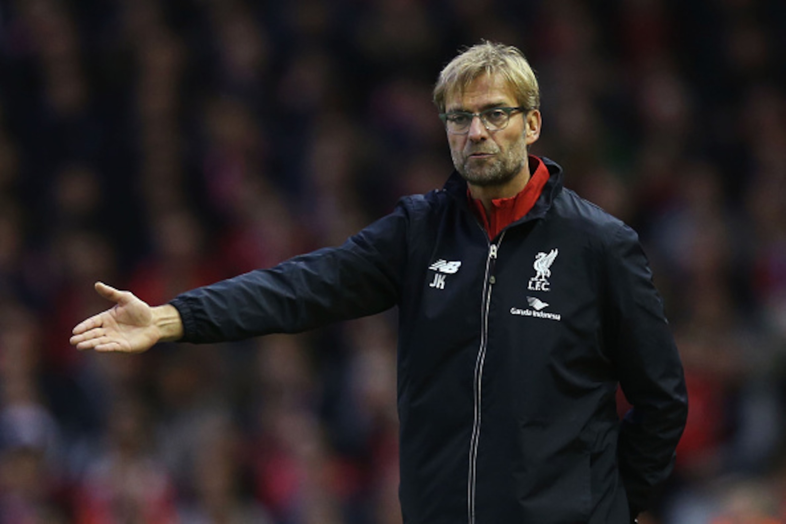 LIVERPOOL, ENGLAND - OCTOBER 25:  Jurgen Klopp, manager of Liverpool gestures during the Barclays Premier League match between Liverpool and Southampton at Anfield on October 25, 2015 in Liverpool, England.  (Photo by Jan Kruger/Getty Images)