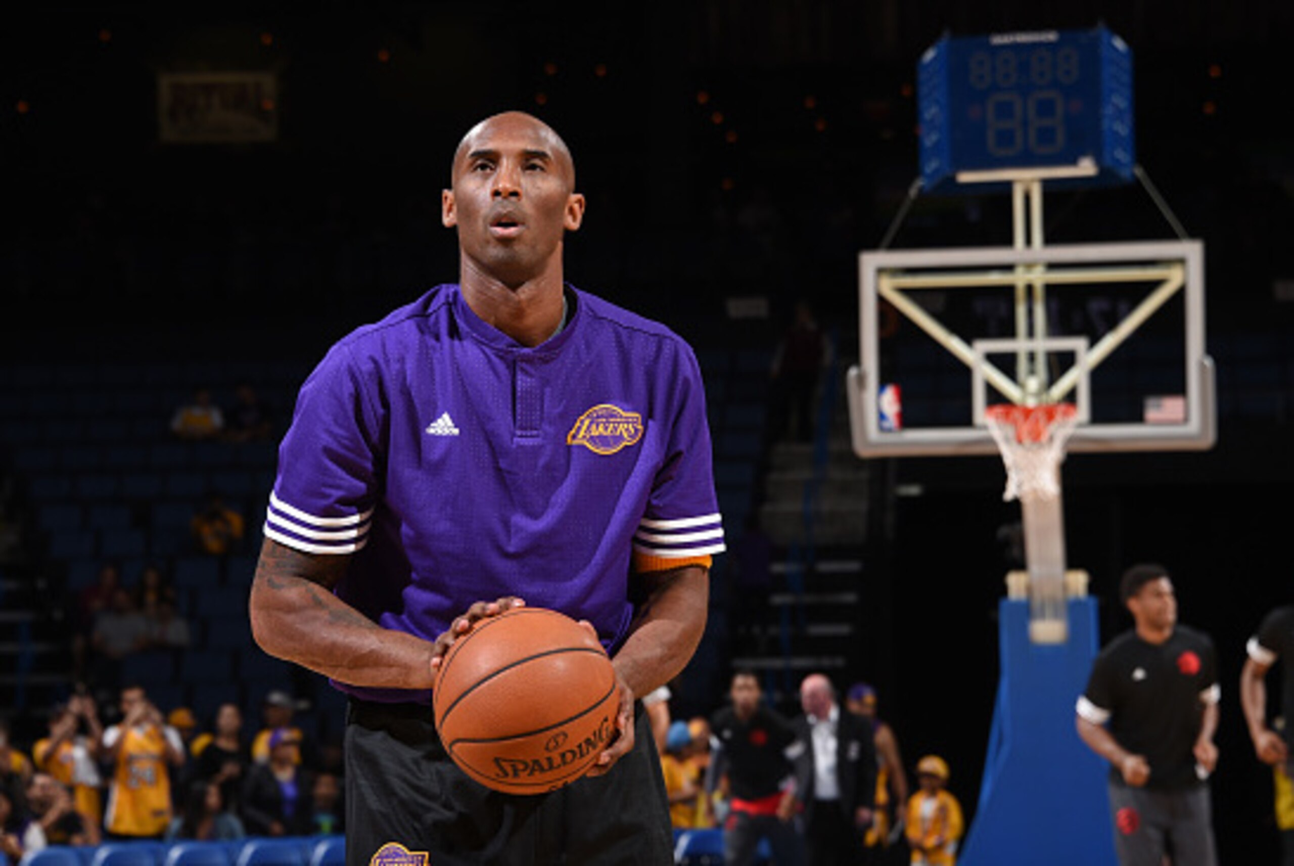 ONTARIO, CA - OCTOBER 08:  Kobe Bryant #24 of the Los Angeles Lakers warms up before a preseason game against the Toronto Raptors on October 08, 2015 at Citizens Bank Arena in Ontario, California. NOTE TO USER: User expressly acknowledges and agrees that,