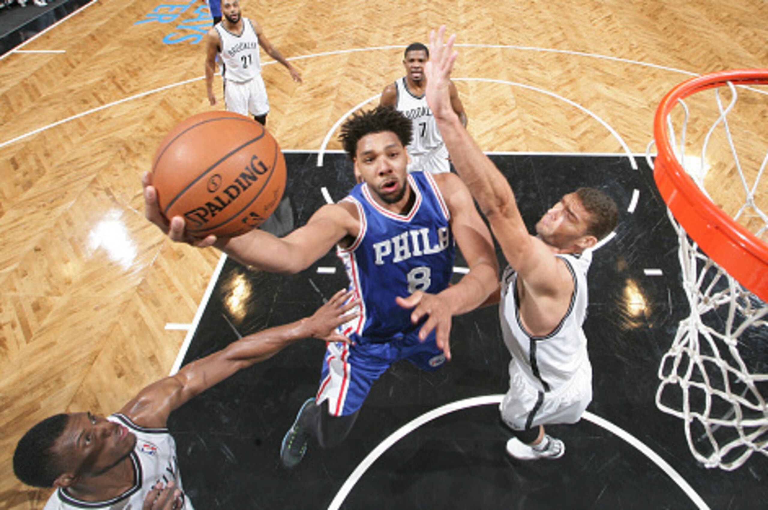 BROOKLYN, NY - OCTOBER 18:  Jahlil Okafor #8 of the Philadelphia 76ers shoots the ball against the Brooklyn Nets during a preseason game on October 18, 2015 at Barclays Center in Brooklyn, New York. NOTE TO USER: User expressly acknowledges and agrees tha