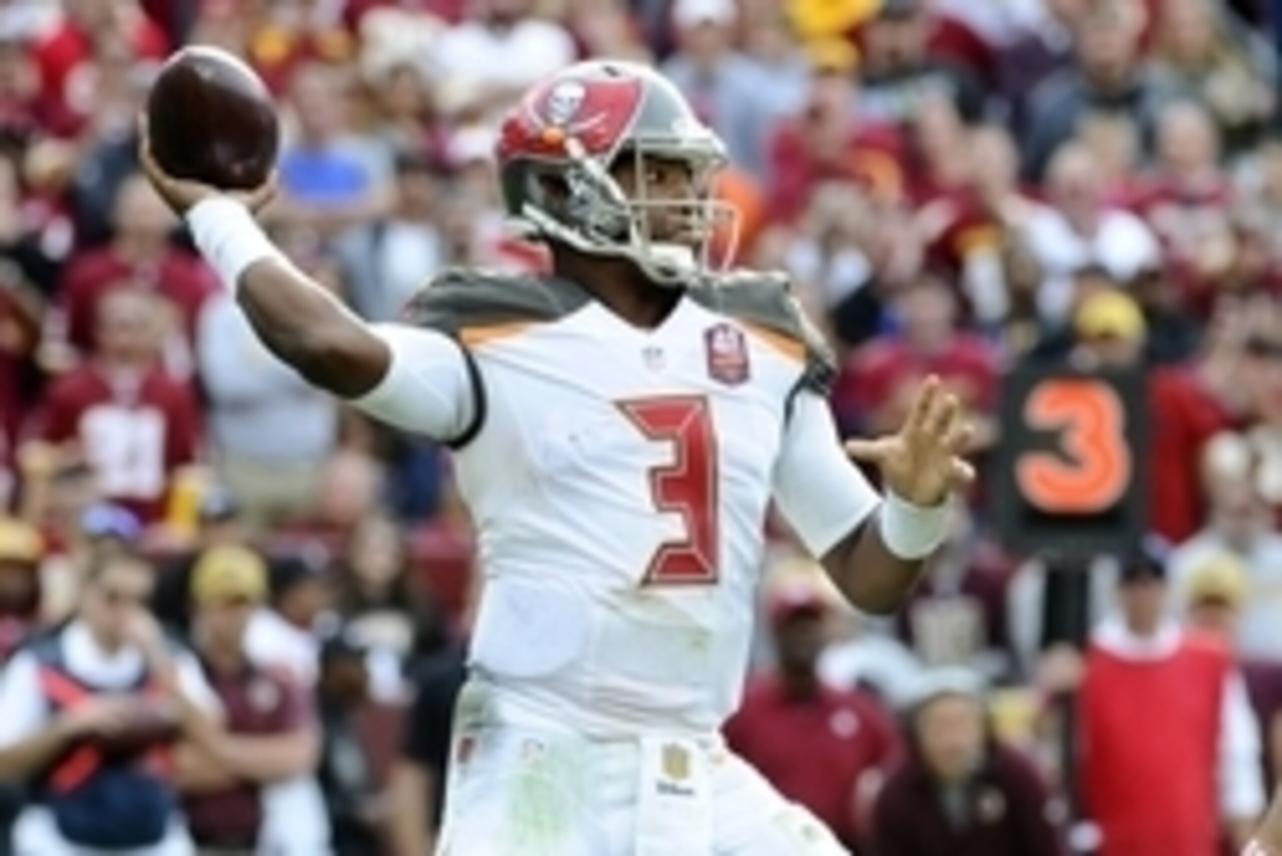 Oct 25, 2015; Landover, MD, USA; Tampa Bay Buccaneers quarterback Jameis Winston (3) attempts a pass against the Washington Redskins during the second half at FedEx Field. The Washington Redskins won 31 - 30. Mandatory Credit: Brad Mills-USA TODAY Sports