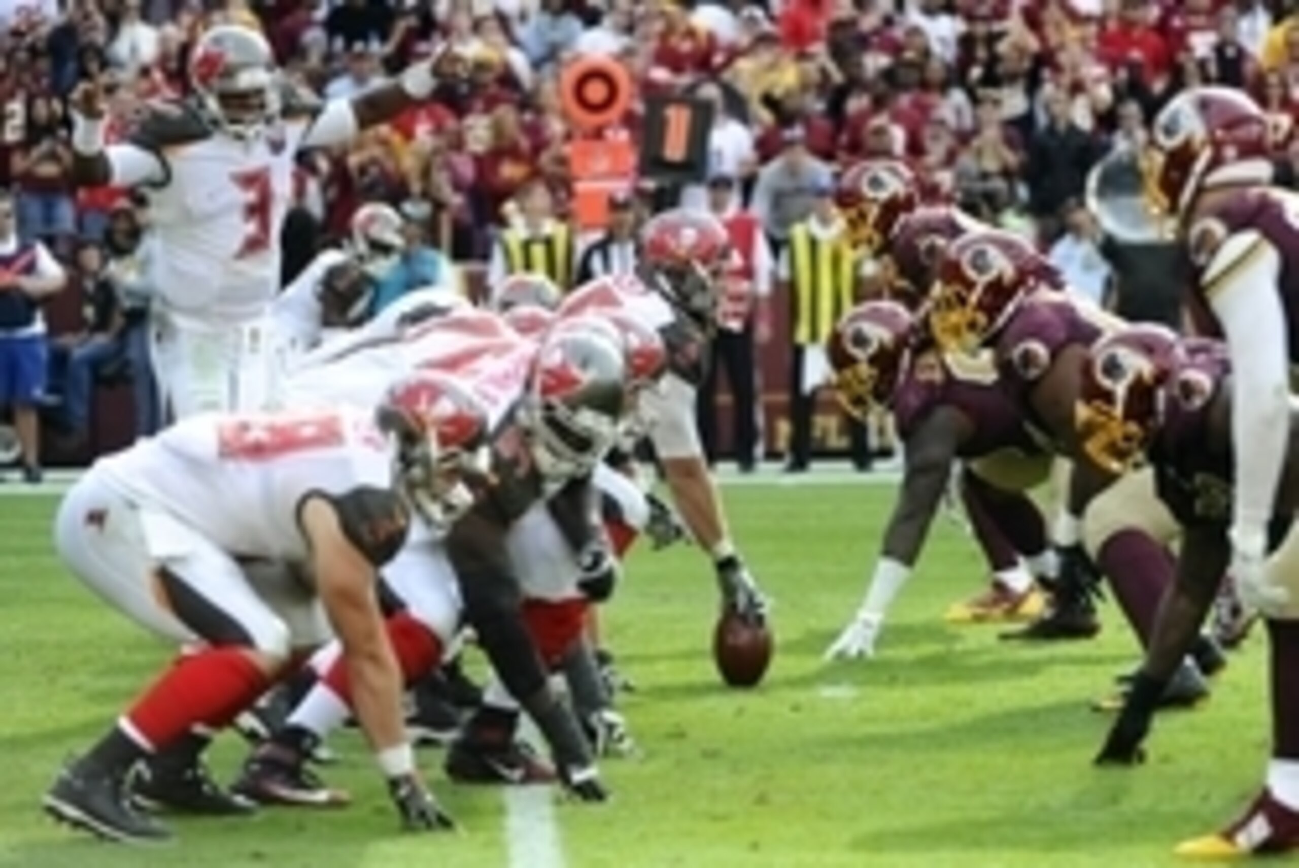 Oct 25, 2015; Landover, MD, USA; General view of line of scrimmage during the game between the Washington Redskins and the Tampa Bay Buccaneers during the second half at FedEx Field. The Washington Redskins won 31 - 30. Mandatory Credit: Brad Mills-USA TO