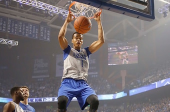 Oct 16, 2015; Lexington, KY, USA; Kentucky Wildcats forward Skal Labissiere (1) dunks the ball during the Kentucky Blue Madness at Rupp Arena. Mandatory Credit: Mark Zerof-USA TODAY Sports