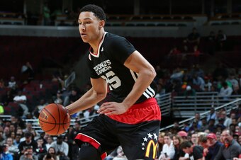 Apr 1, 2015; Chicago, IL, USA;  McDonalds High School All American East forward Ben Simmons (25) dribbles on the perimeter during the McDonalds High School All American Game at the United Center. Mandatory Credit: Brian Spurlock-USA TODAY Sports