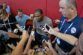 LAS VEGAS, NV - AUGUST 11:  Kevin Durant of the USA National Team talks to the media at a minicamp at UNLV on August 11, 2015 in Las Vegas, Nevada. NOTE TO USER: User expressly acknowledges and agrees that, by downloading and/or using this Photograph, use