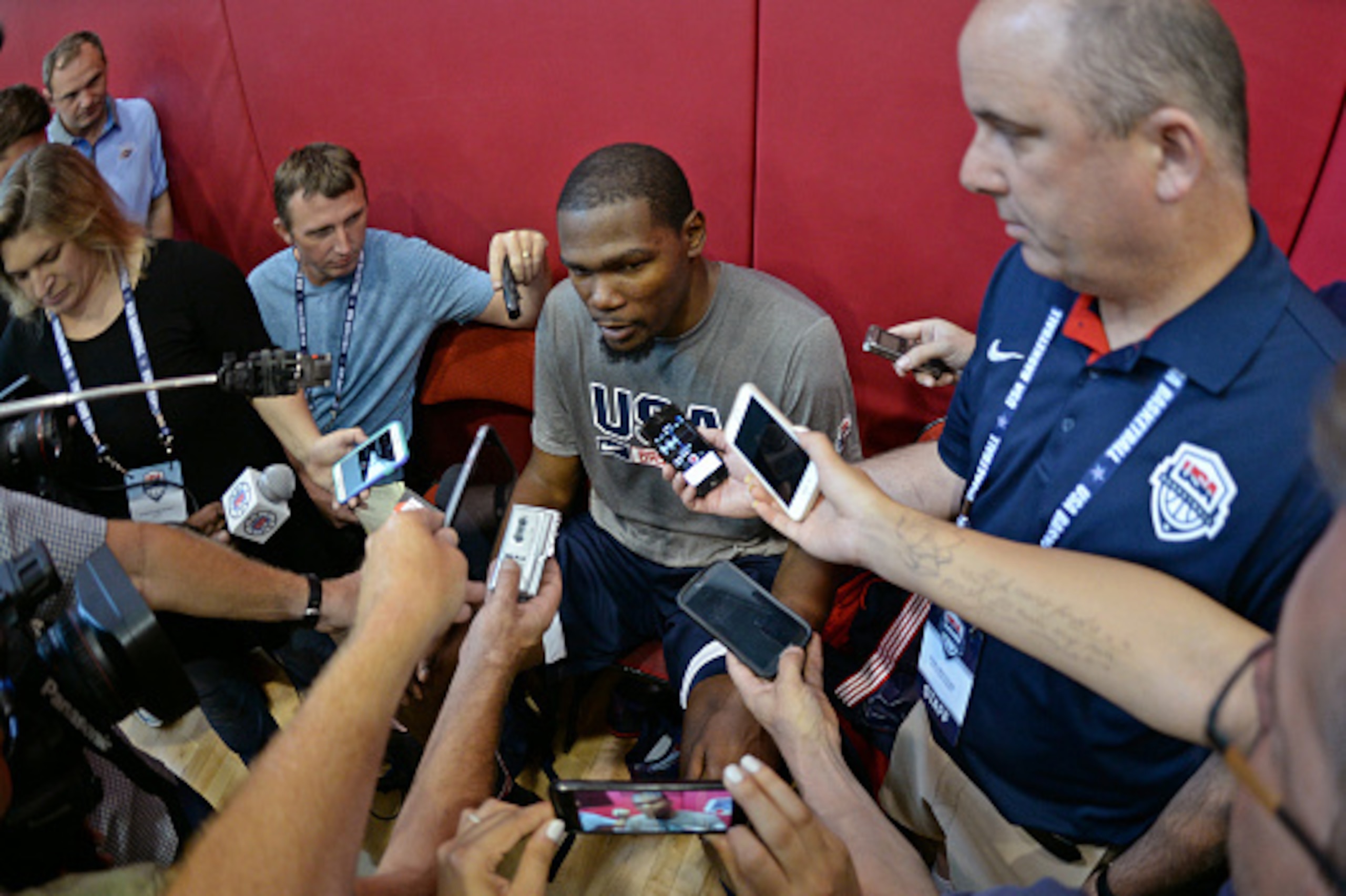 LAS VEGAS, NV - AUGUST 11:  Kevin Durant of the USA National Team talks to the media at a minicamp at UNLV on August 11, 2015 in Las Vegas, Nevada. NOTE TO USER: User expressly acknowledges and agrees that, by downloading and/or using this Photograph, use