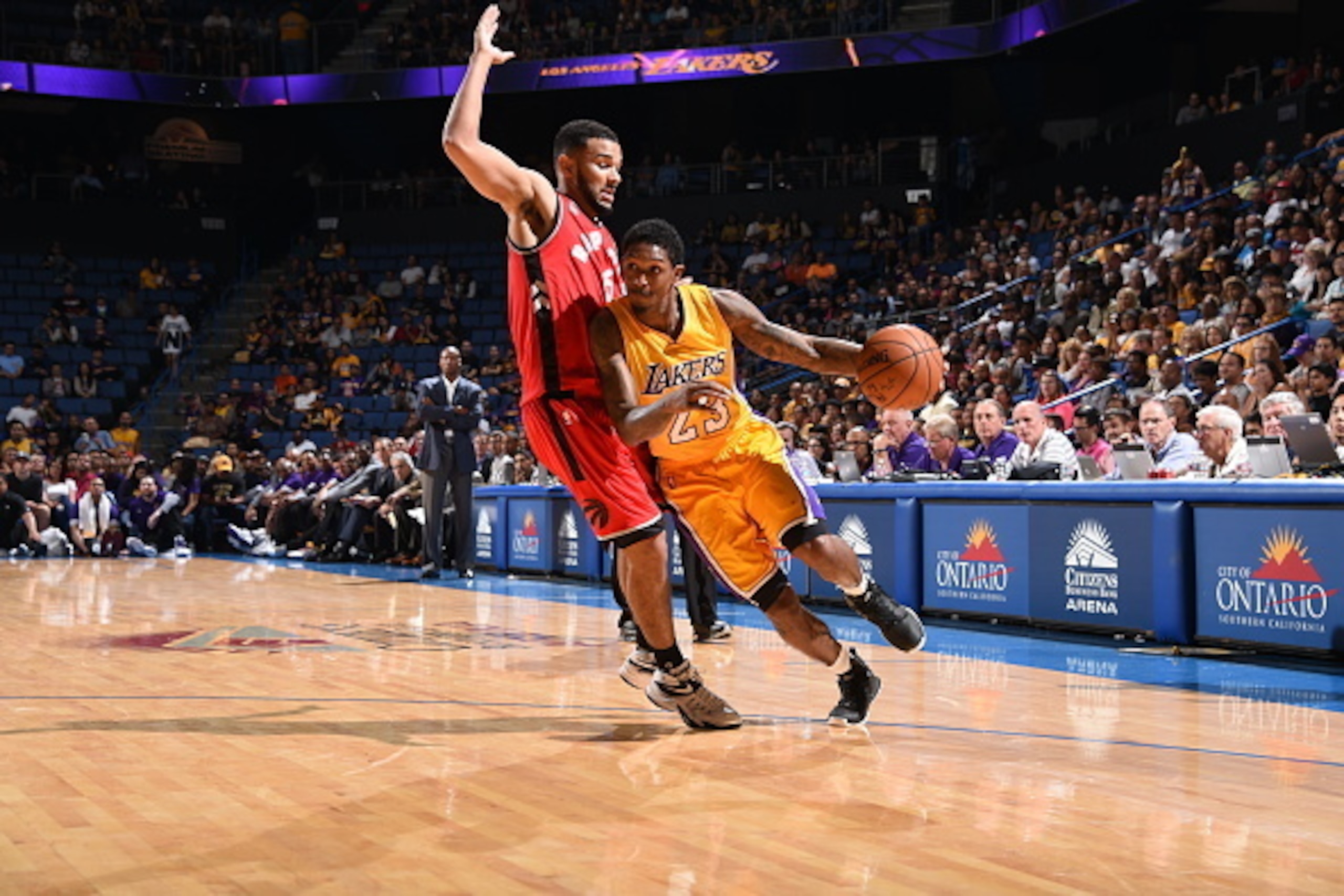 ONTARIO, CA - OCTOBER 8:  Louis Williams #23 of the Los Angeles Lakers drives to the basket against the Toronto Raptors during a preseason game on October 8, 2015 at Citizens Business Bank Arena in Ontario, California. NOTE TO USER: User expressly acknowl