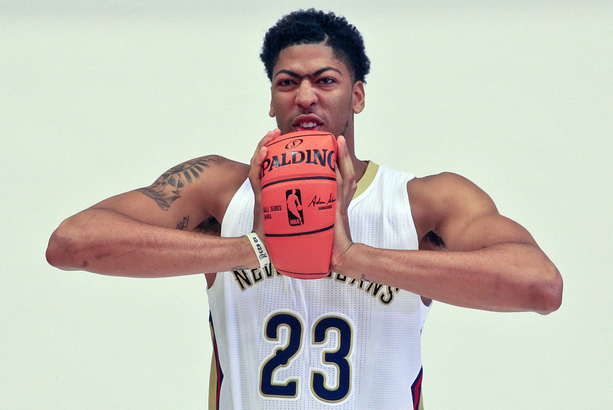 Sep 28, 2015; New Orleans, LA, USA; New Orleans Pelicans forward Anthony Davis (23) poses for a portrait during Media Day at the Pelicans Practice Facility. Mandatory Credit: Derick E. Hingle-USA TODAY Sports
