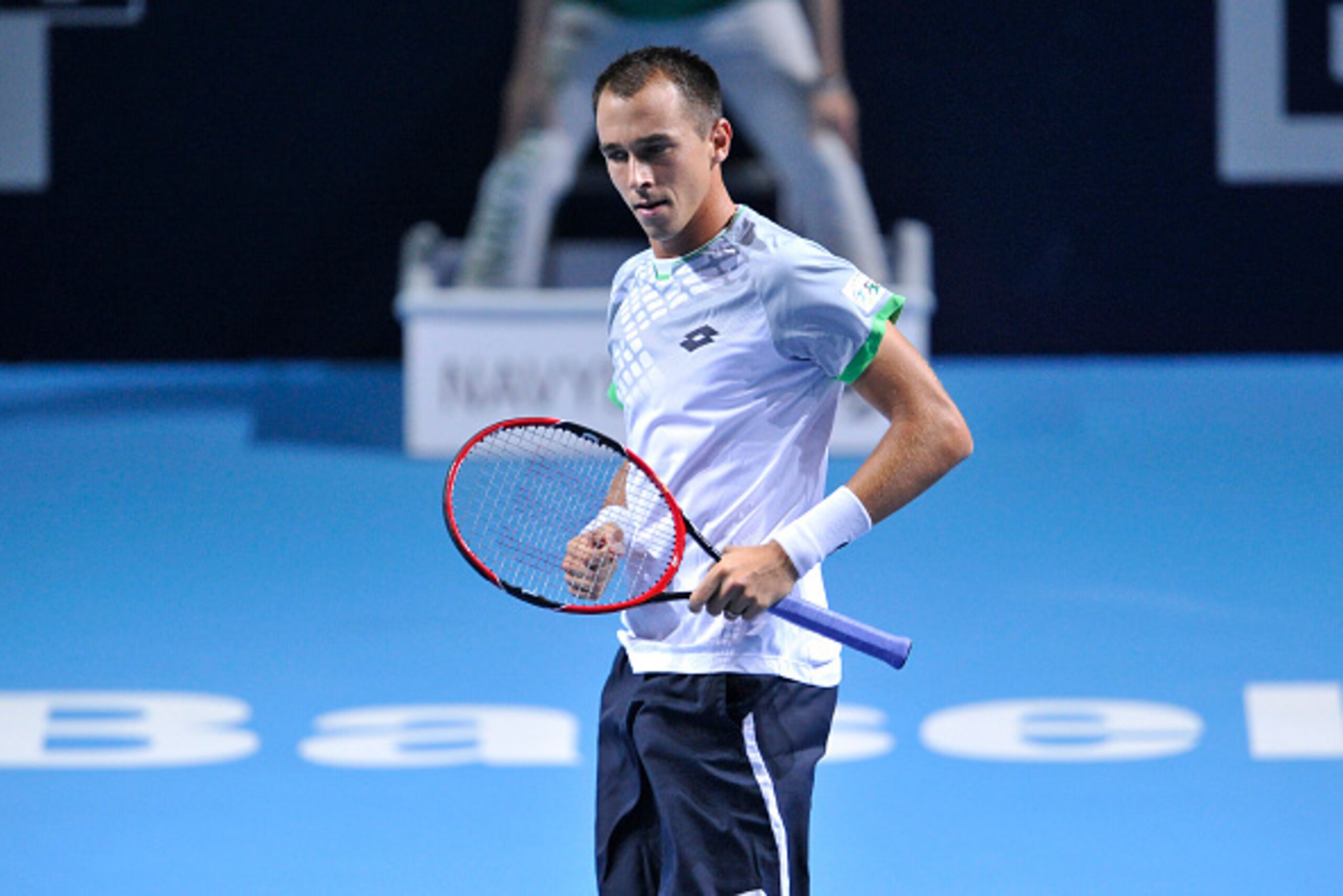 BASEL, SWITZERLAND - OCTOBER 26:  Lukas Rosol of Czech Republic celebrates a point during the Swiss Indoors ATP 500 tennis tournament opening match against Rafael Nadal of Spain at St Jakobshalle on October 26, 2015 in Basel, Switzerland.  (Photo by Harol