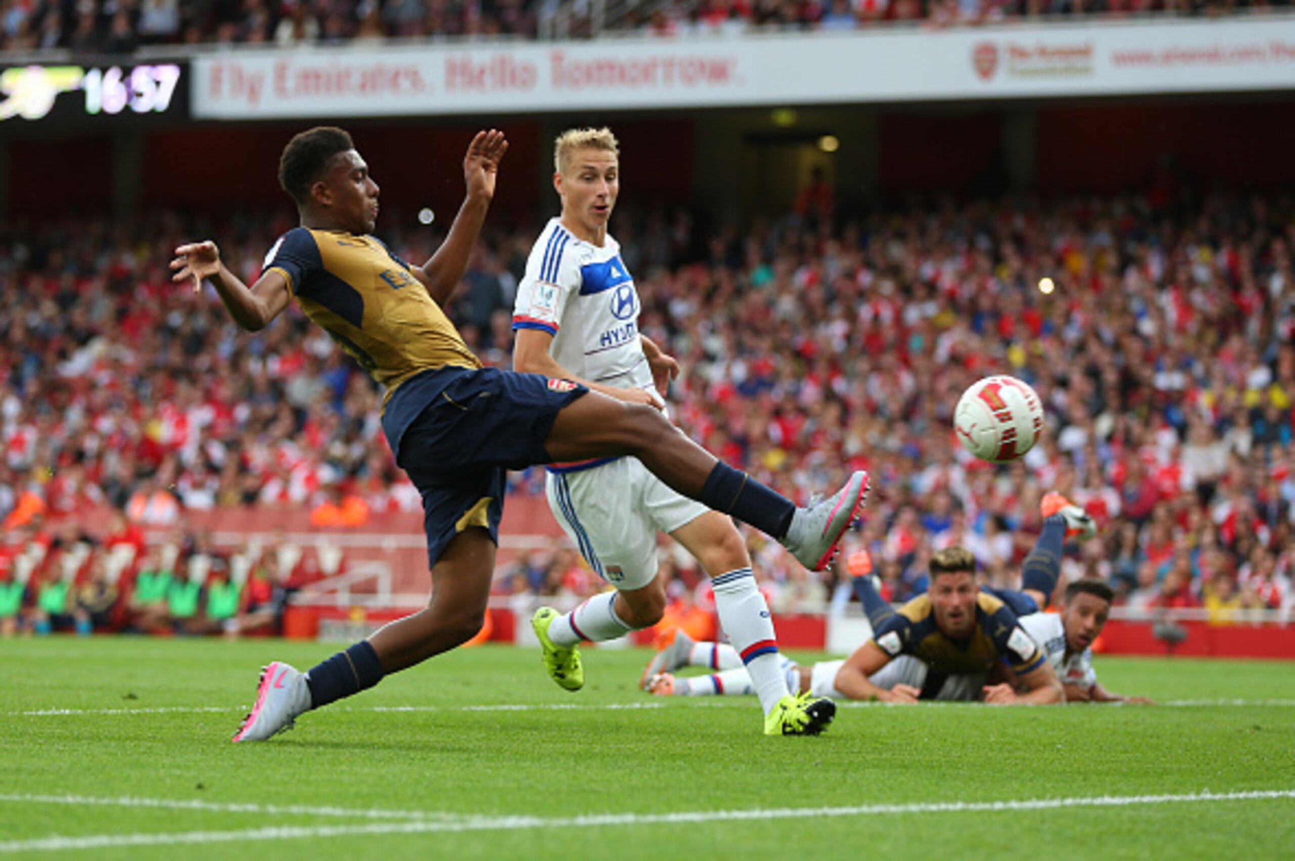 LONDON, ENGLAND - JULY 25:  Alex Iwobi of Arsenal scores but his goal is disallowed during the Emirates Cup match between Arsenal and Olympique Lyonnais at Emirates Stadium on July 25, 2015 in London, England.  (Photo by Catherine Ivill - AMA/Getty Images