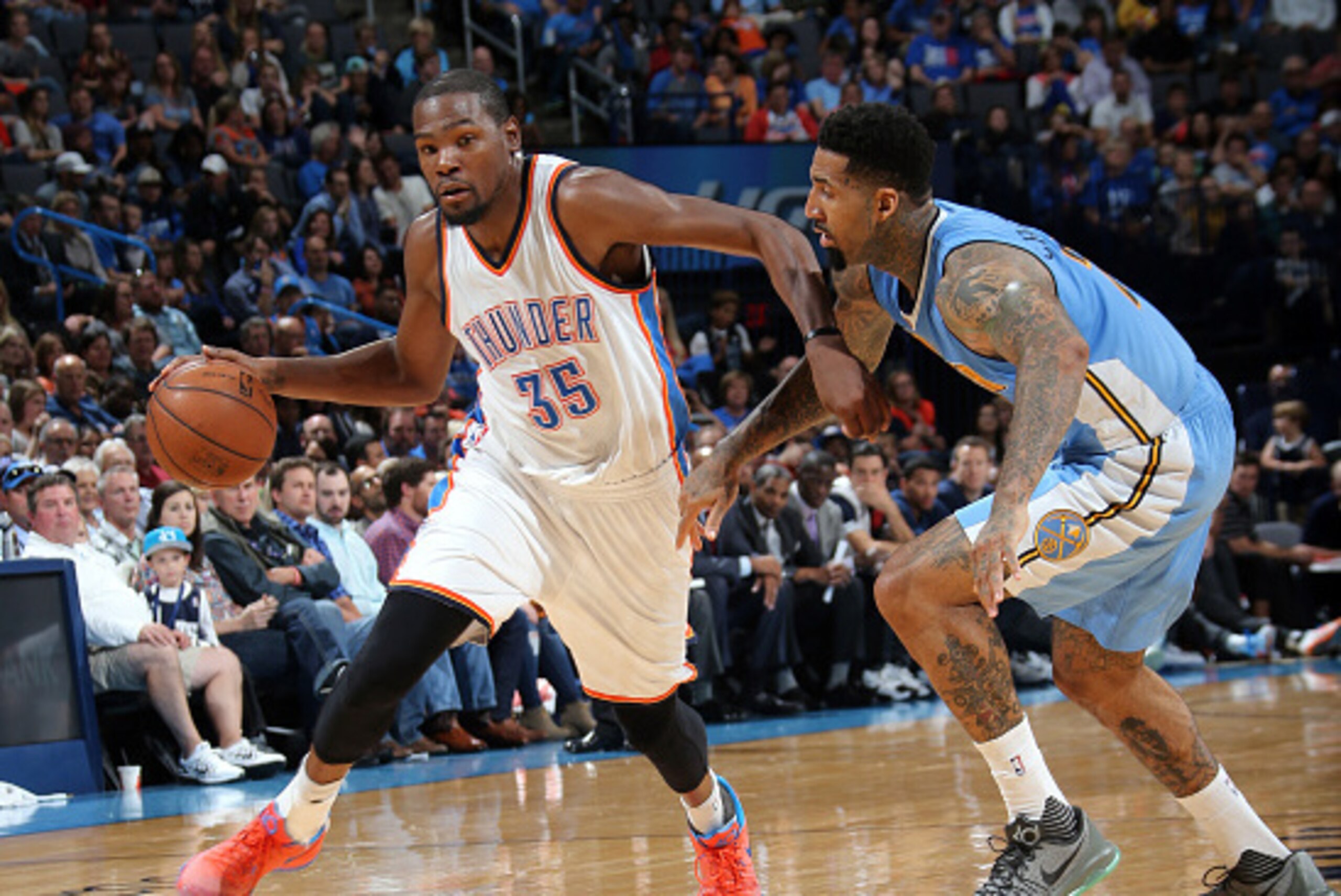 OKLAHOMA CITY, OK - OCTOBER 18:  Kevin Durant #35 of the Oklahoma City Thunder handles the ball against the Denver Nuggets during a preseason game on October 18, 2015 at Chesapeake Energy Arena in Oklahoma City, Oklahoma. NOTE TO USER: User expressly ackn