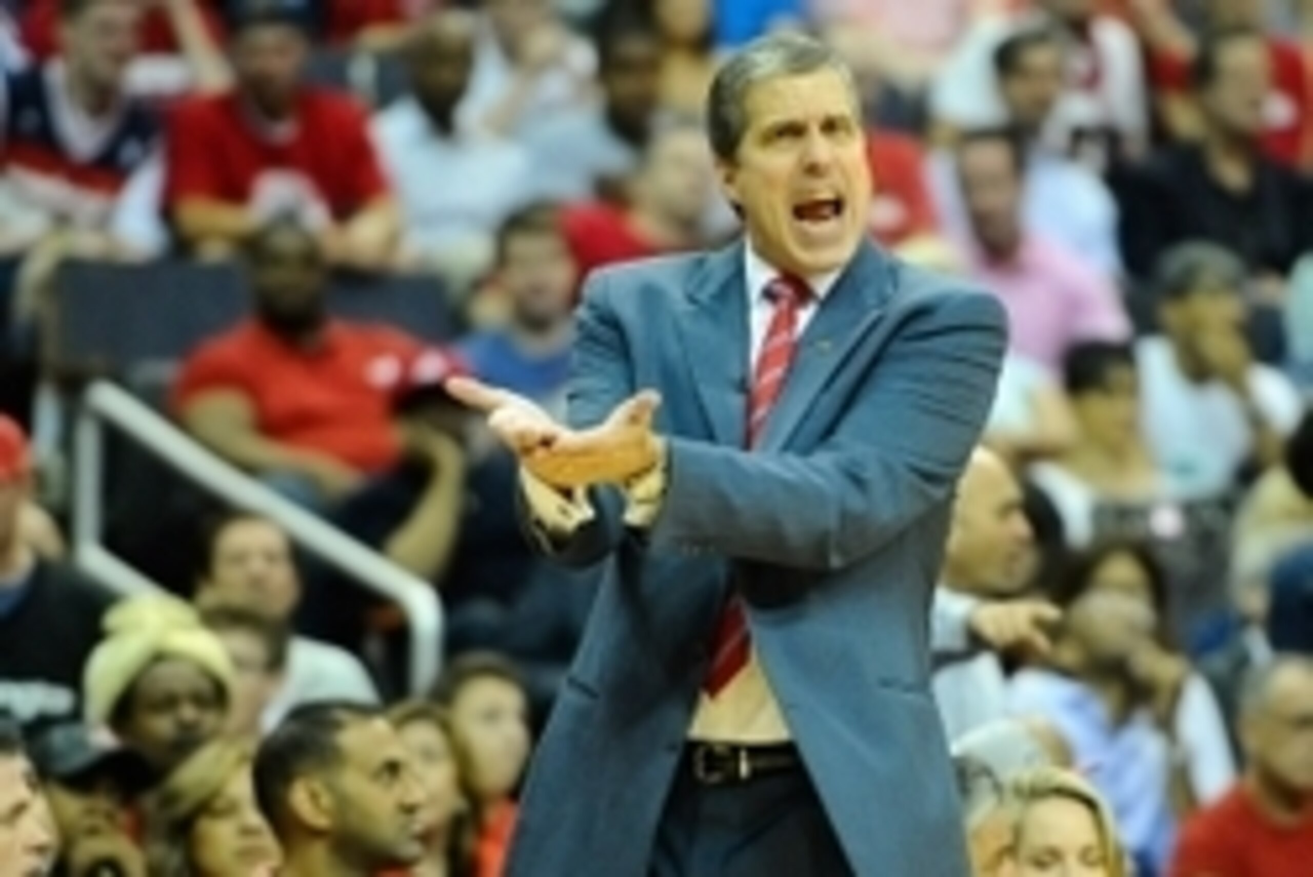 May 15, 2015; Washington, DC, USA; Washington Wizards head coach Randy Wittman gestures against the Atlanta Hawks during the first half in game six of the second round of the NBA Playoffs at Verizon Center. Mandatory Credit: Brad Mills-USA TODAY Sports