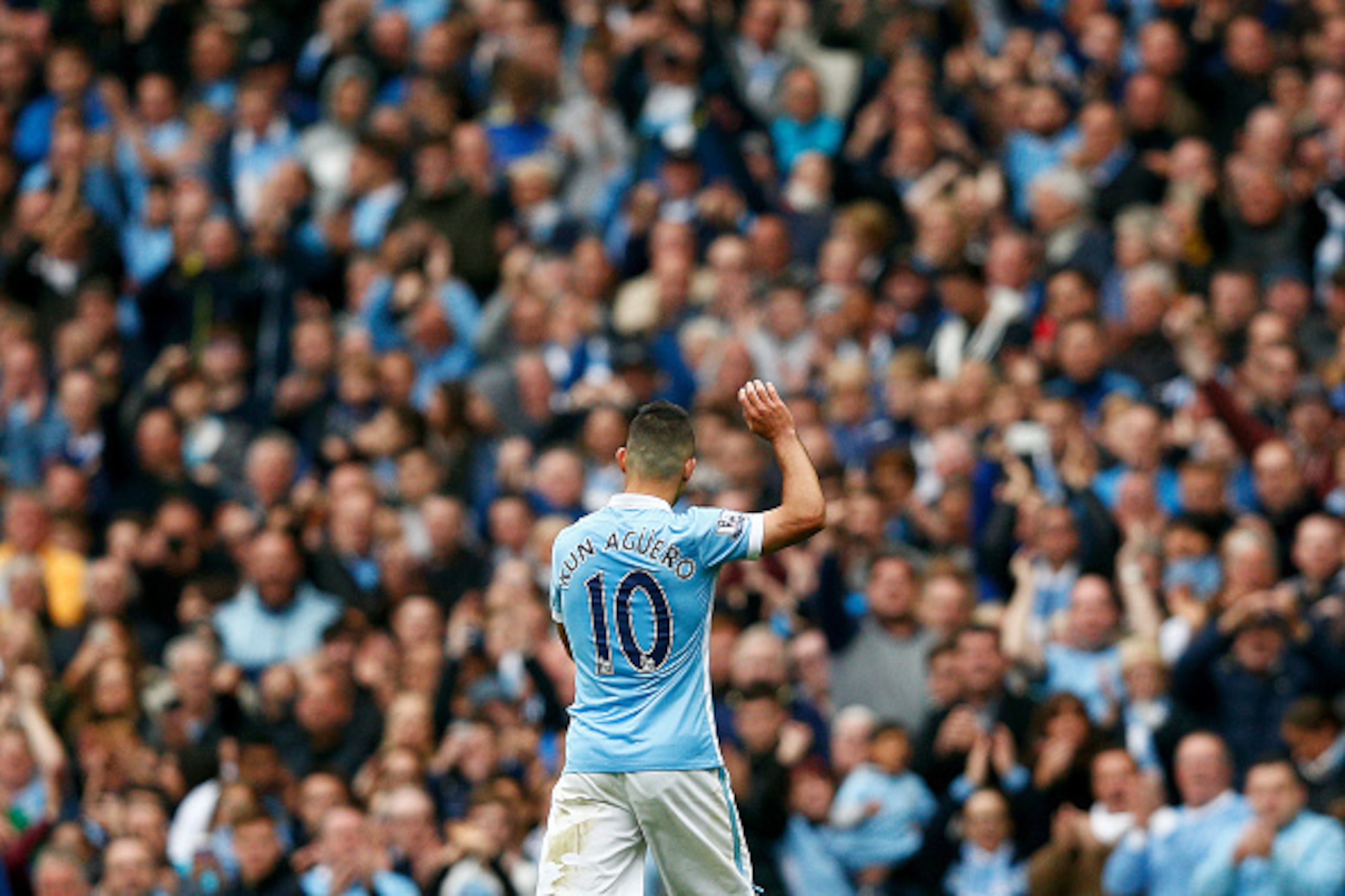 MANCHESTER, ENGLAND - OCTOBER 03:  Sergio Aguero of Manchester City is seen during the Barclays Premier League match between Manchester City and Newcastle United at Etihad Stadium on October 3, 2015 in Manchester, United Kingdom.  (Photo by Dean Mouhtarop