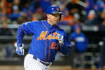 NEW YORK, NY - OCTOBER 17:  (NEW YORK DAILIES OUT)    Michael Cuddyer #23 of the New York Mets in action against the Chicago Cubs during game one of the 2015 MLB National League Championship Series at Citi Field on October 17, 2015 in the Flushing neighbo