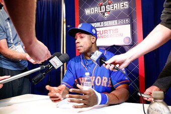 KANSAS CITY, MO - OCTOBER 26:  Curtis Granderson #3 of the New York Mets addresses the media the day before Game 1 of the 2015 World Series between the Kansas City Royals and Mets at Kauffman Stadium on October 26, 2015 in Kansas City, Missouri.  (Photo b