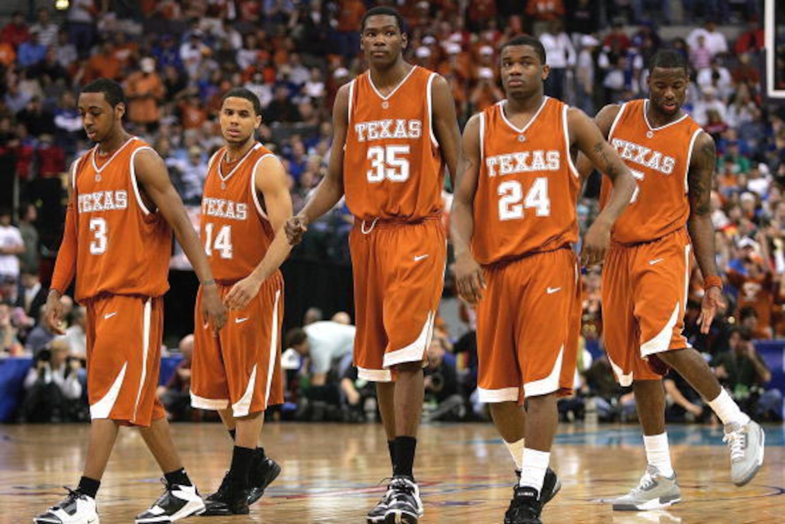 OKLAHOMA CITY - MARCH 11:  Kevin Durant #35 and teammates of the the Texas Longhorns walk onto the court during the finals of the Phillips 66 Big 12 Men's Basketball Championship against the Kansas Jayhawks on March 11, 2007 at the Ford Center in Oklahoma