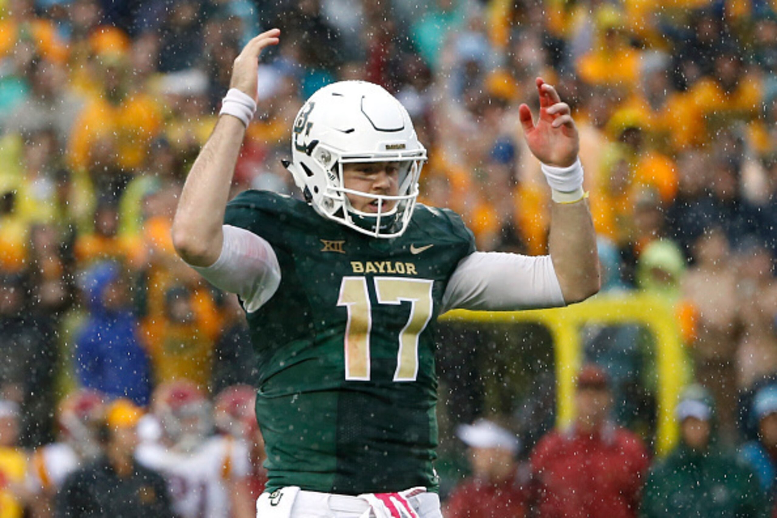 WACO, TX - OCTOBER 24: Seth Russell #17 of the Baylor Bears reacts after Baylor scored a touchdown against the Iowa State Cyclones in the second at McLane Stadium on October 24, 2015 in Waco, Texas. (Photo by Ron Jenkins/Getty Images)