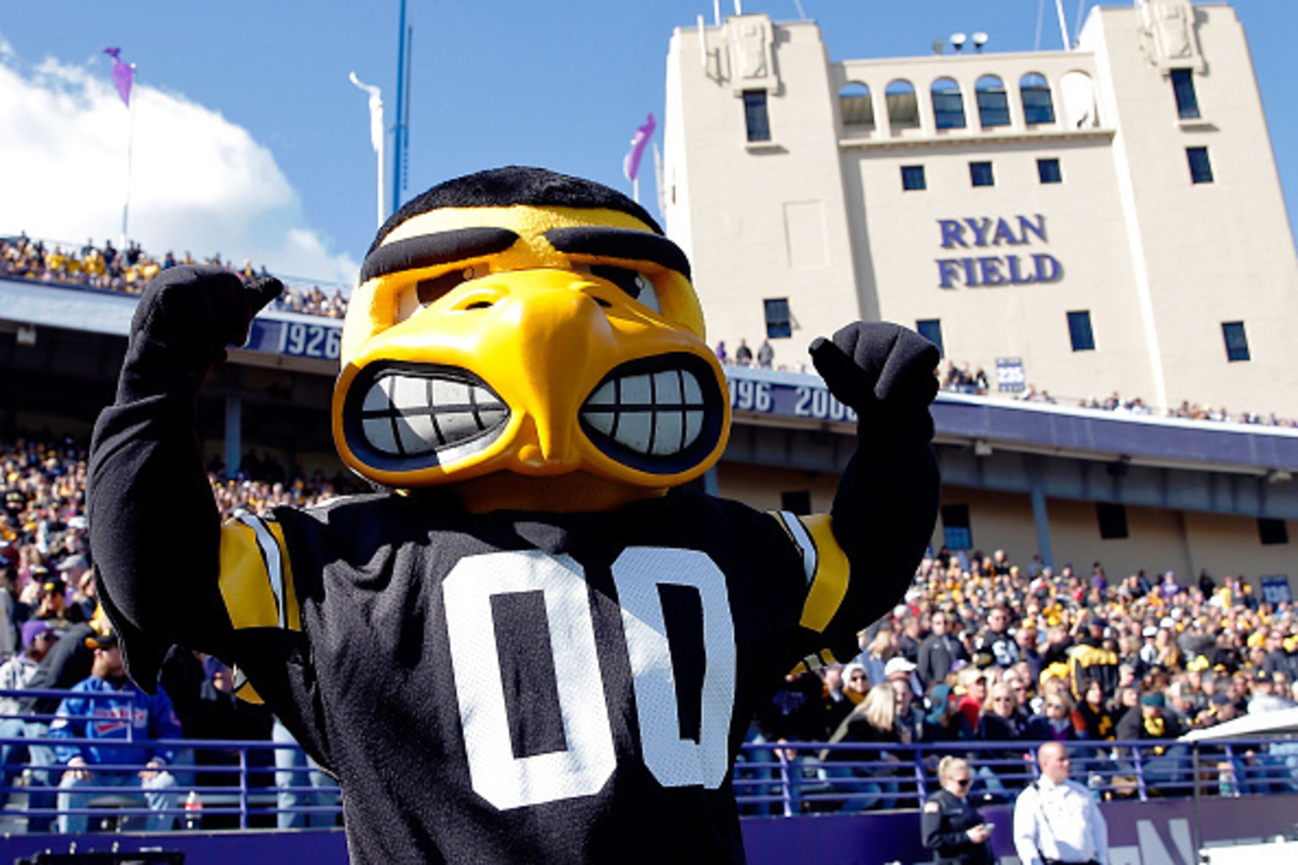 EVANSTON, IL - OCTOBER 17: Herky the Hawk of the Iowa Hawkeyes stands on the sidelines during the game between the Northwestern Wildcats and the Iowa Hawkeyes at Ryan Field on October 17, 2015 in Evanston, Illinois.  (Photo by Jon Durr/Getty Images)