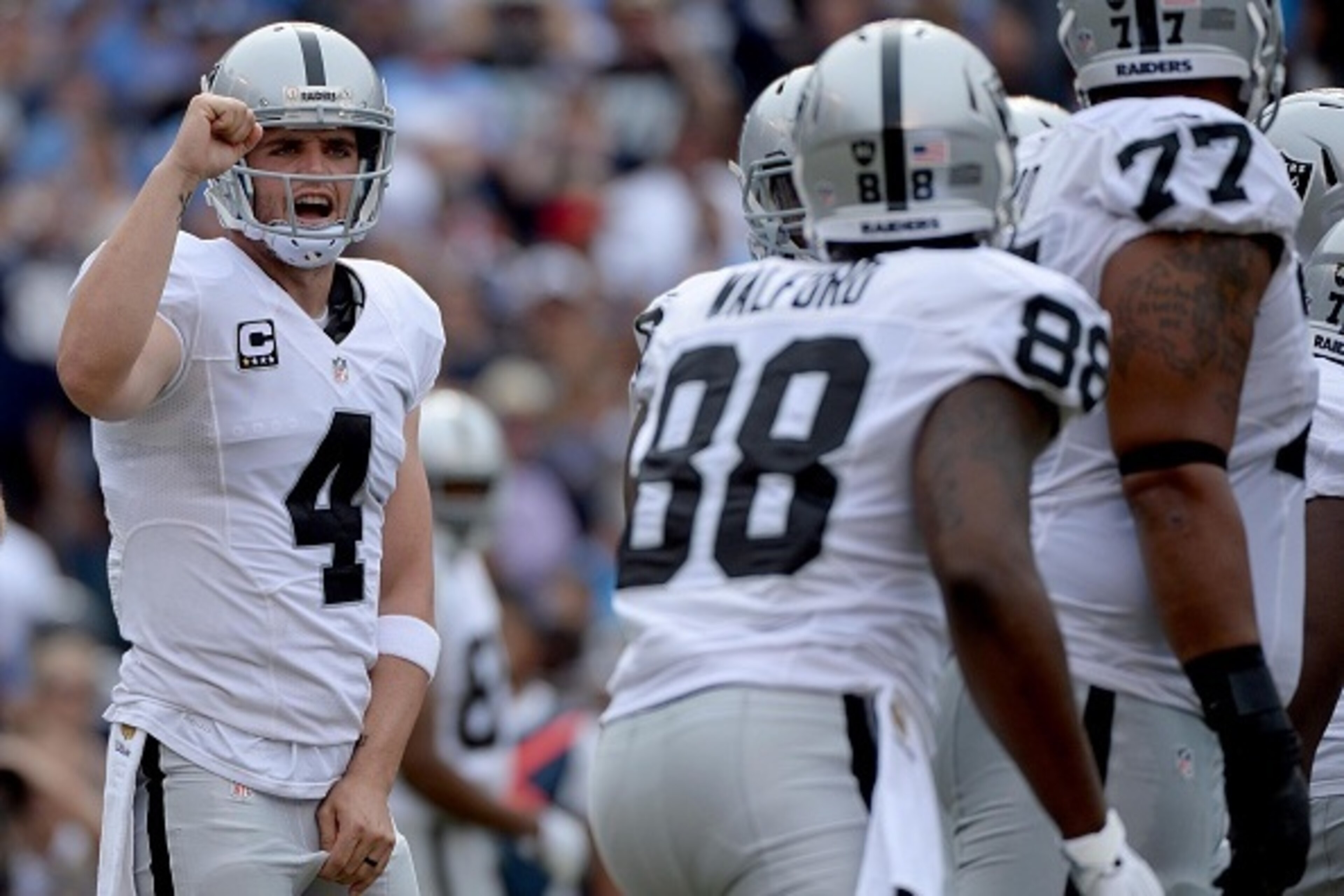 SAN DIEGO - OCTOBER 25:  Quarterback Derek Carr #4 of the Oakland Raiders call out at the line of scrimmage against the San Diego Chargers during an NFL game at Qualcomm Stadium on October 25, 2015 in San Diego, California.  (Photo by Donald Miralle/Getty