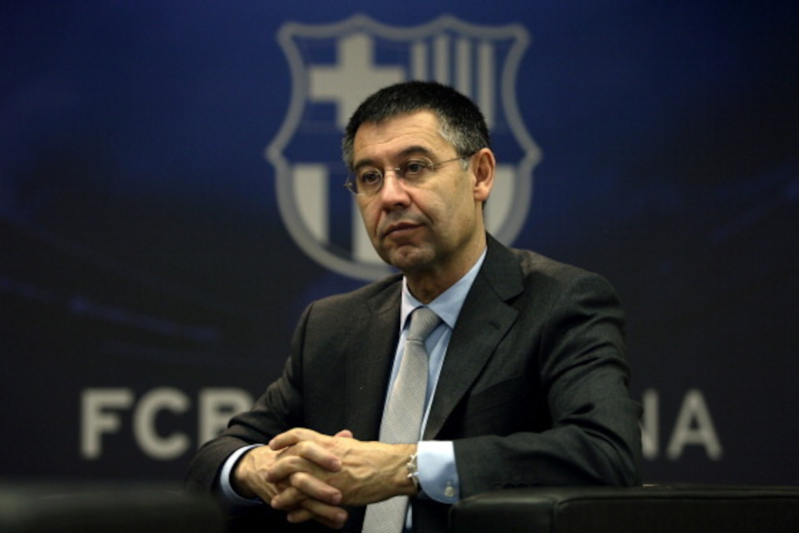 TO GO WITH AFP INTERVIEW
 FC Barcelona's president Josep Maria Bartomeu answers to AFP journalists during an interview at Camp Nou stadium in Barcelona on March 24, 2014. Bartomeu has insisted that Lionel Messi will become the world's highest paid footbal
