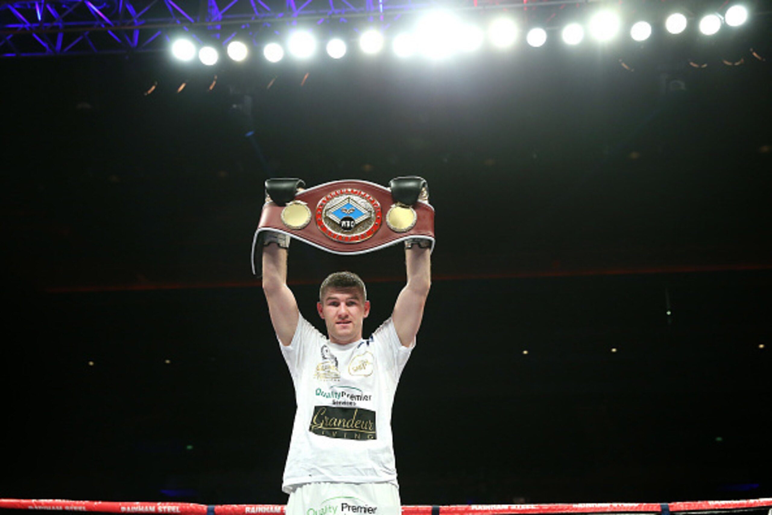 LIVERPOOL, ENGLAND - APRIL 18: Liam Smith lifts the Vacant WBO Intercontinental Light-Middleweight Championship belt after defeating David Ezequiel Romero in the Vacant WBO Intercontinental Light-Middleweight Championship fight at the World Championship LIVERPOOL, ENGLAND - APRIL 18: Liam Smith lifts the Vacant WBO Intercontinental Light-Middleweight Championship belt after defeating David Ezequiel Romero in the Vacant WBO Intercontinental Light-Middleweight Championship fight at the World Championship