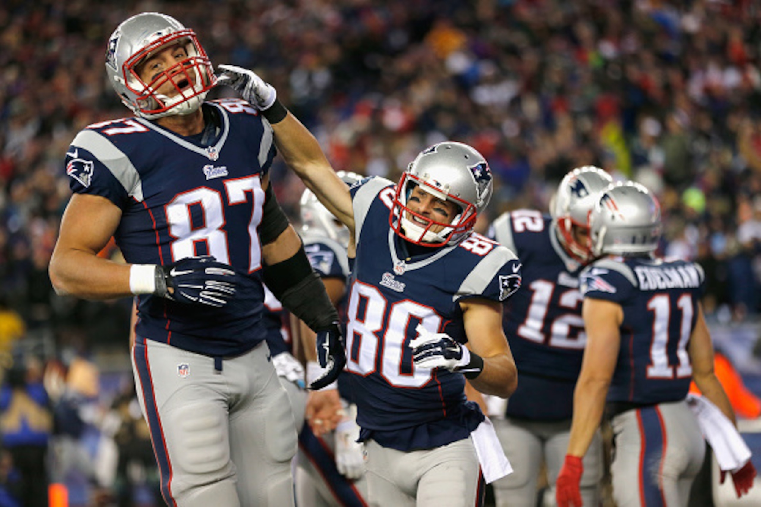 FOXBORO, MA - NOVEMBER 02: Rob Gronkowski #87 and Danny Amendola #80 of the New England Patriots react after Julian Edelman #11 scored a touchdown during the second quarter against the Denver Broncos at Gillette Stadium on November 2, 2014 in Foxboro, Ma FOXBORO, MA - NOVEMBER 02: Rob Gronkowski #87 and Danny Amendola #80 of the New England Patriots react after Julian Edelman #11 scored a touchdown during the second quarter against the Denver Broncos at Gillette Stadium on November 2, 2014 in Foxboro, Ma