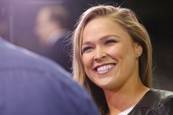 MELBOURNE, AUSTRALIA - SEPTEMBER 16:  Ronda Rousey, UFC Women's Bantamweight Champion, reacts during the UFC 193 media event at Etihad Stadium on September 16, 2015 in Melbourne, Australia.  (Photo by Michael Dodge/Zuffa LLC/Zuffa LLC via Getty Images)