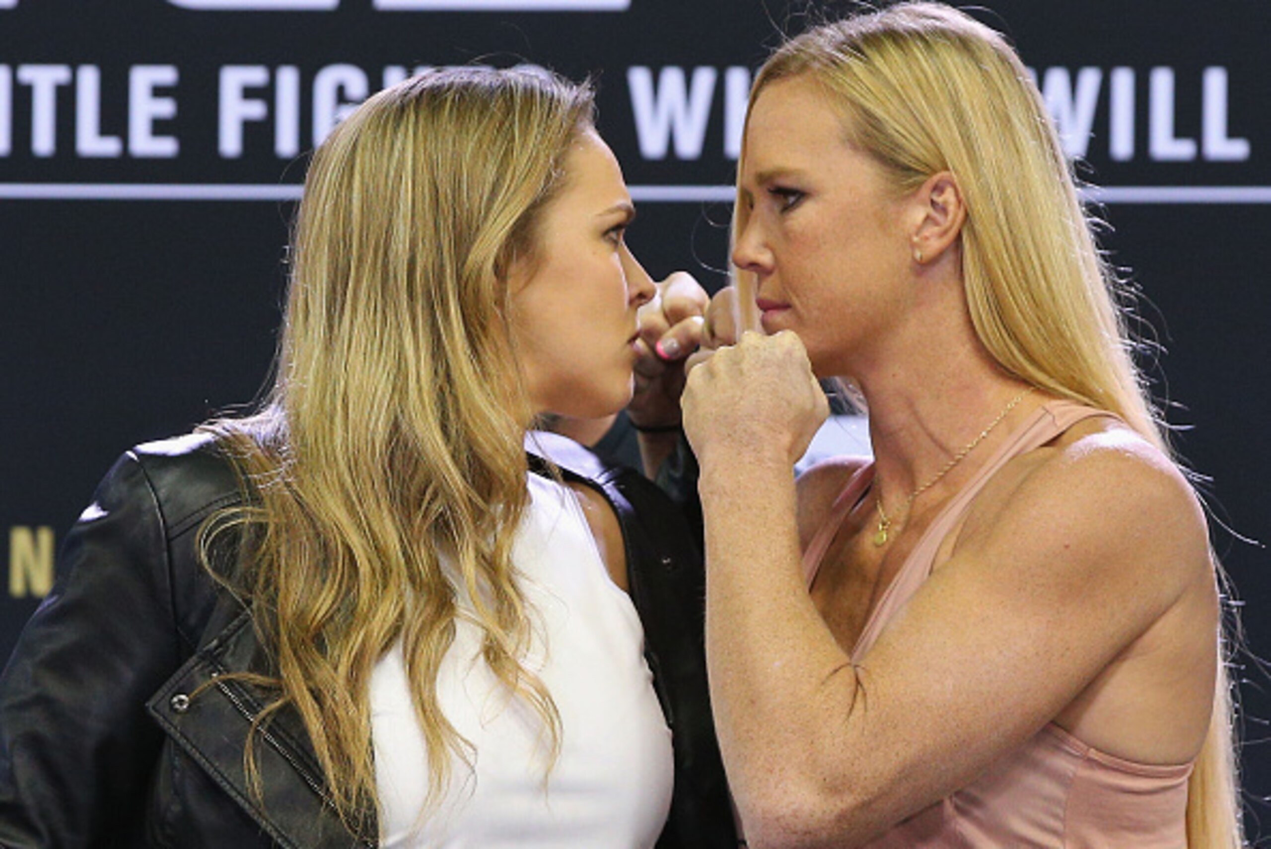 MELBOURNE, AUSTRALIA - SEPTEMBER 16: UFC Women's Bantamweight Champion Ronda Rousey (L) faces off against Holly Holm during the UFC 193 media event at Etihad Stadium on September 16, 2015 in Melbourne, Australia. (Photo by Michael Dodge/Zuffa LLC/Zuffa MELBOURNE, AUSTRALIA - SEPTEMBER 16: UFC Women's Bantamweight Champion Ronda Rousey (L) faces off against Holly Holm during the UFC 193 media event at Etihad Stadium on September 16, 2015 in Melbourne, Australia. (Photo by Michael Dodge/Zuffa LLC/Zuffa