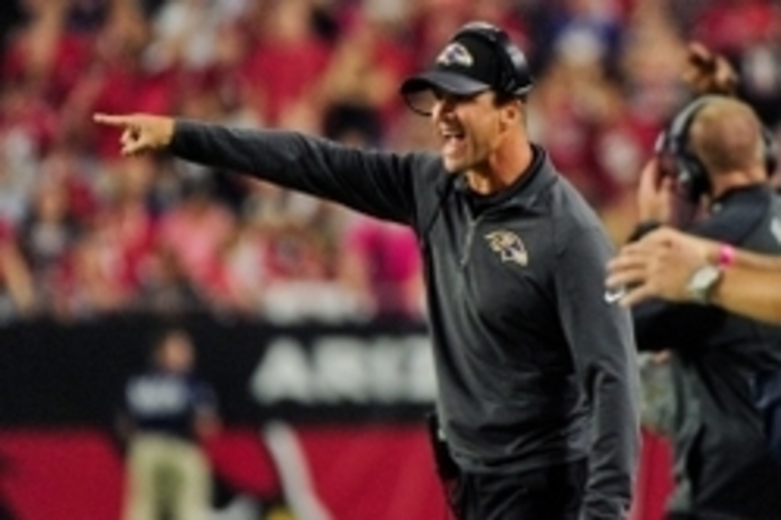 Oct 26, 2015; Glendale, AZ, USA; Baltimore Ravens head coach John Harbaugh reacts during the first half against the Arizona Cardinals at University of Phoenix Stadium. Mandatory Credit: Matt Kartozian-USA TODAY Sports