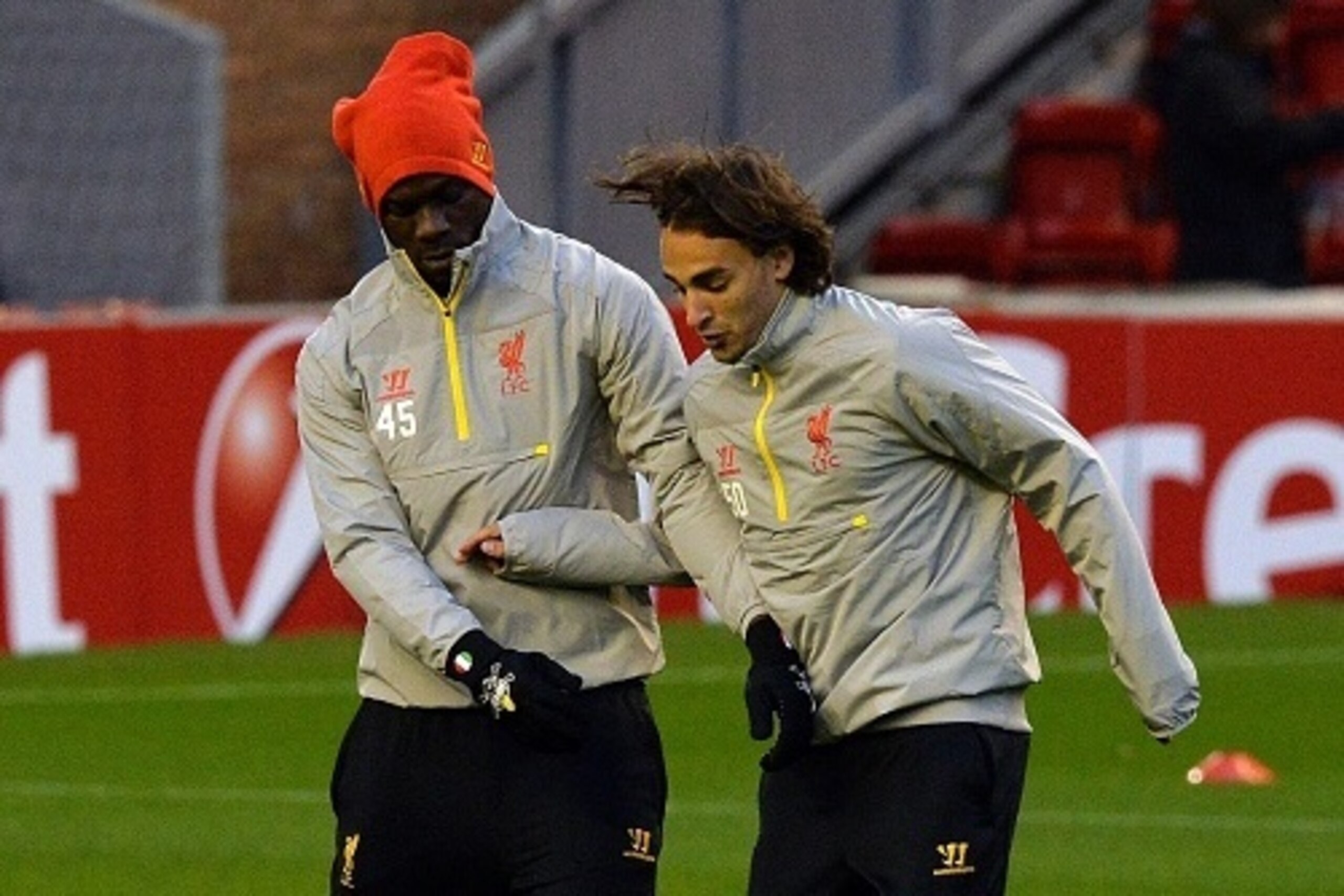 Liverpool's Serbian midfielder Lazar Markovic (R) and Liverpool's Italian striker Mario Balotelli take part in a training session for the forthcoming UEFA Champions League, group B football match against Real Madrid at Anfield in Liverpool on October 21, Liverpool's Serbian midfielder Lazar Markovic (R) and Liverpool's Italian striker Mario Balotelli take part in a training session for the forthcoming UEFA Champions League, group B football match against Real Madrid at Anfield in Liverpool on October 21,